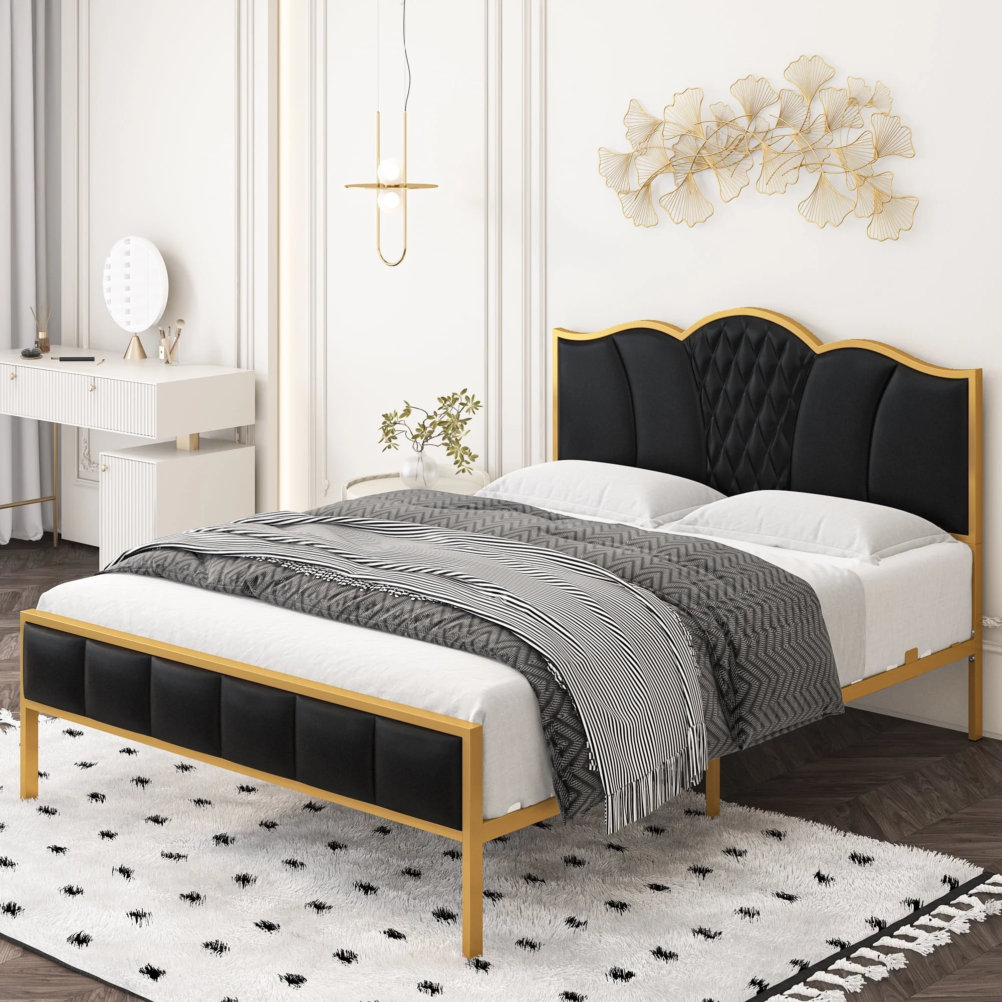 Homfa Full Size Metal Bed Frame, Modern PU Upholstered Platform Bed Frame with Tufted Headboard, Black and Gold