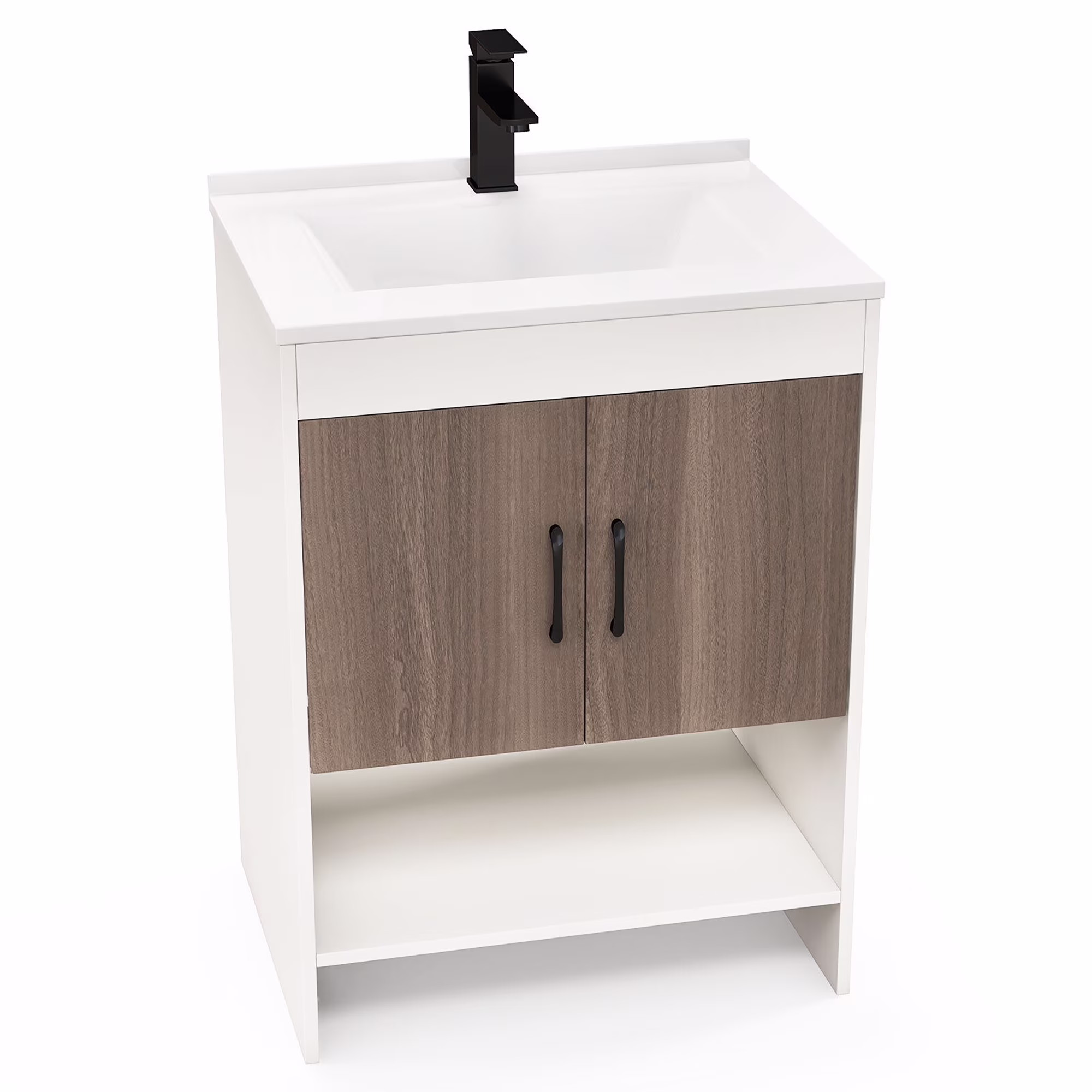 Gymax 25'' Bathroom Vanity Sink Combo w/ Doors Open Shelf Backsplash Faucet Pop Up Drain