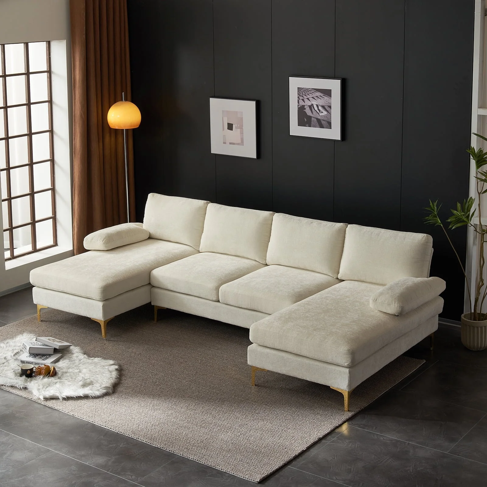 Zimtown Convertible Sectional Sofa,U Shaped Couch with Double Reversible Chaise, Chenille Fabric Fabric Sectional Couch with Metal Feet Beige