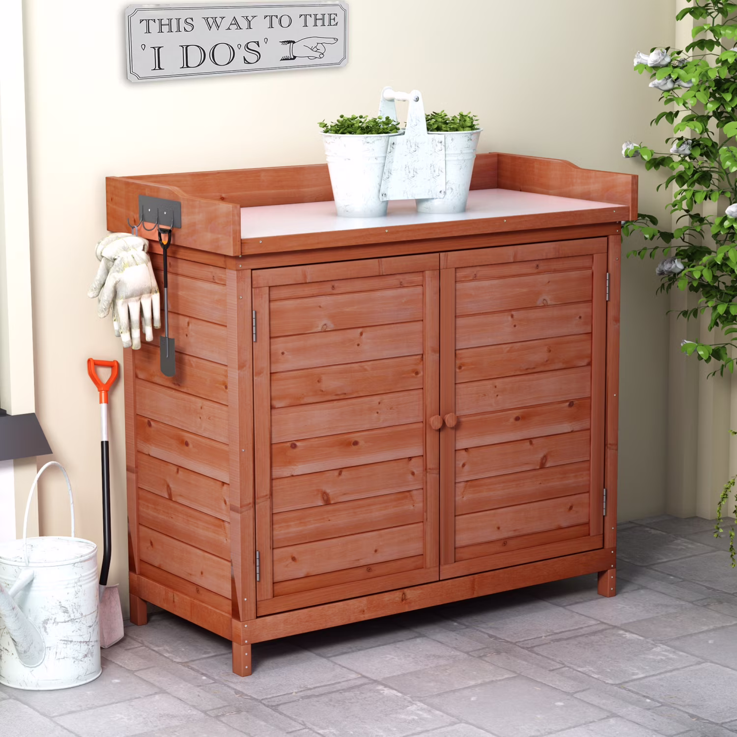 Outdoor 39" Potting Bench Table, Rustic Garden Wood Workstation with 2-Tier Shelves and Side Hooks, Orange