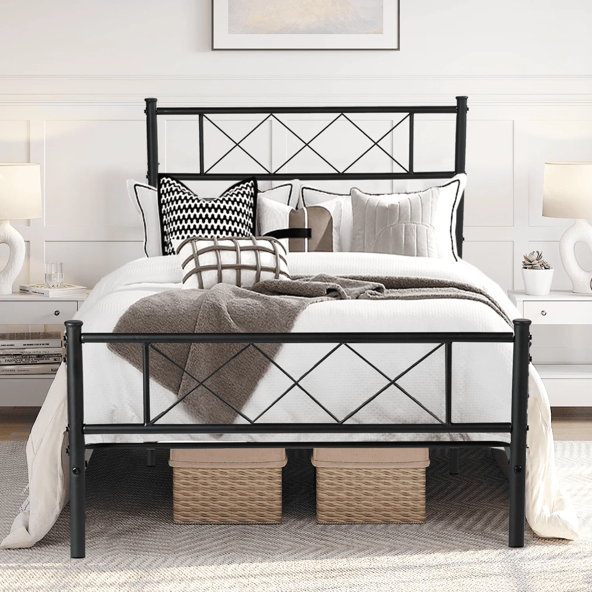 SESSLIFE Twin Size Platform Bed Frame with Headboard, Rustic Country Style, Strong Metal Slats Support, Easy Assembly, Black