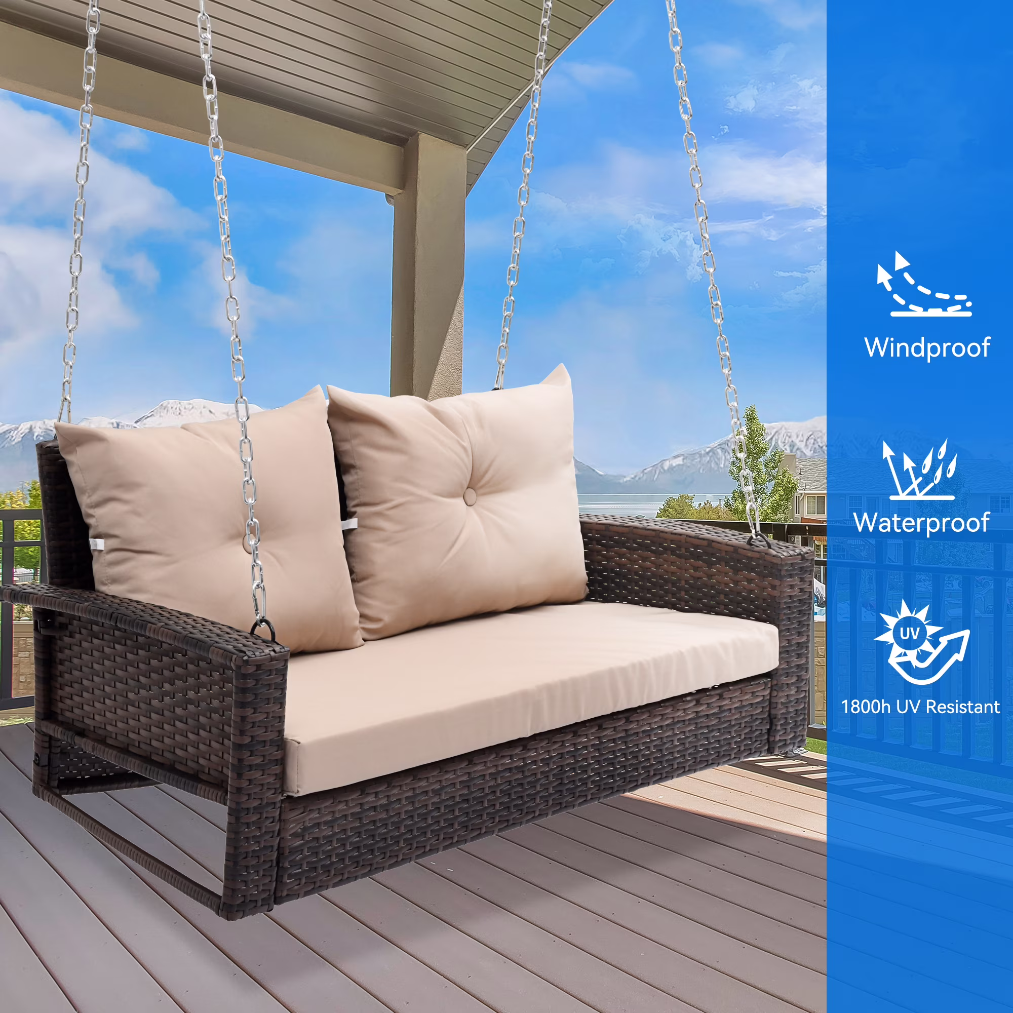 Uforic Dual Occupancy Outdoor Swing Chair, Elegant Black Rattan Patio Lounge with Beige Cushions and a Sturdy 770lbs Capacity for Garden, Balcony, or Living Room