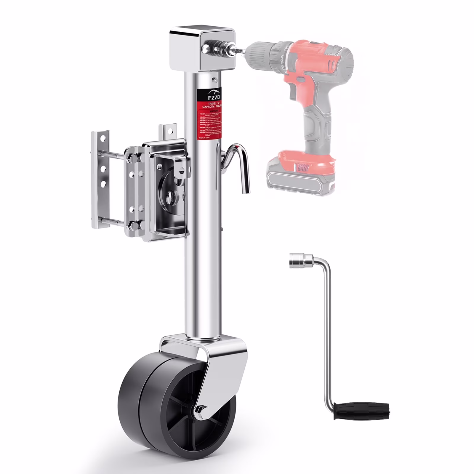 FZZD 2000lbs Trailer Jack with Dual Wheel, 20-24V Cordless Drill Compatible, 12" Lift, for RV Boat,Silver