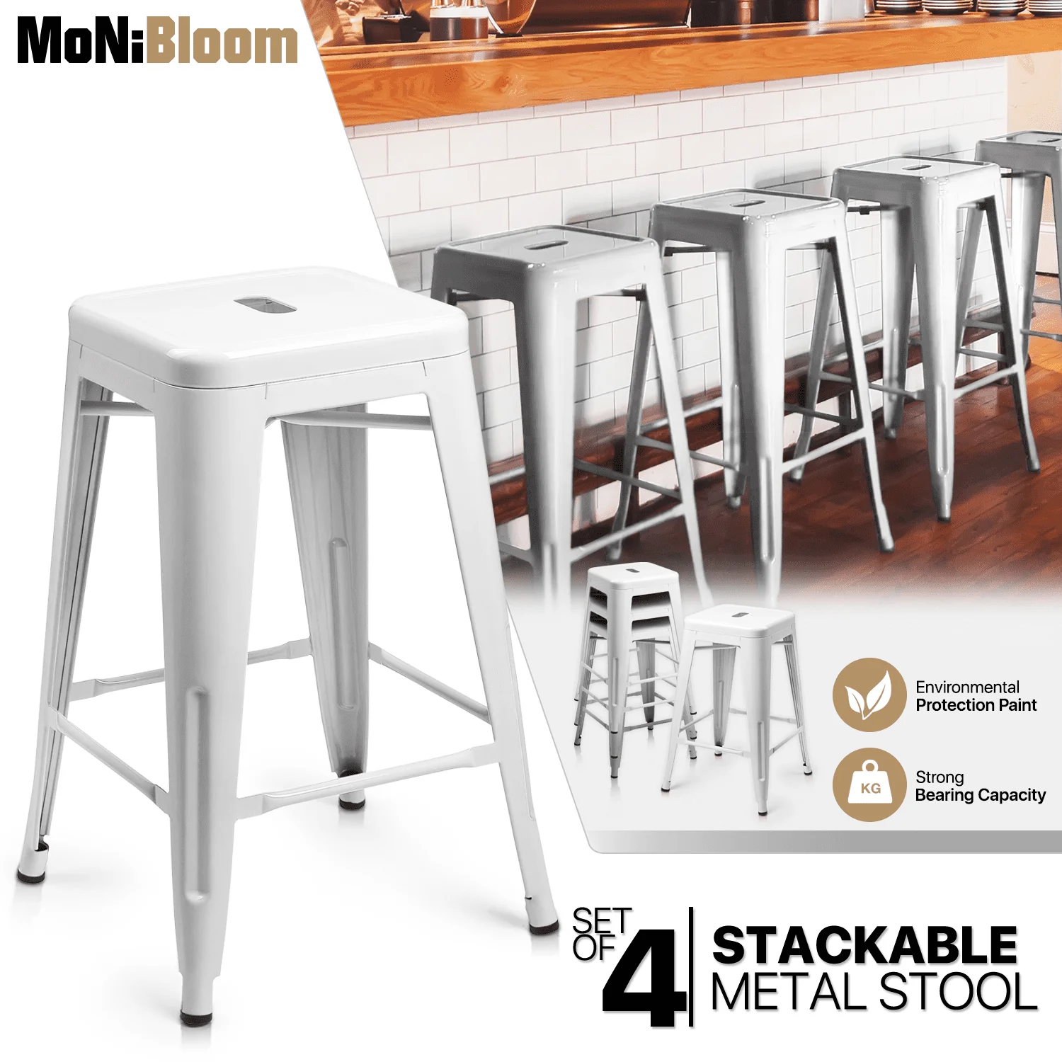 MoNiBloom Set of 4 Metal Bar Stools 24.5 Inch Stackable Counter Height Barstools Backless Rustic Kitchen Dining Chairs, White