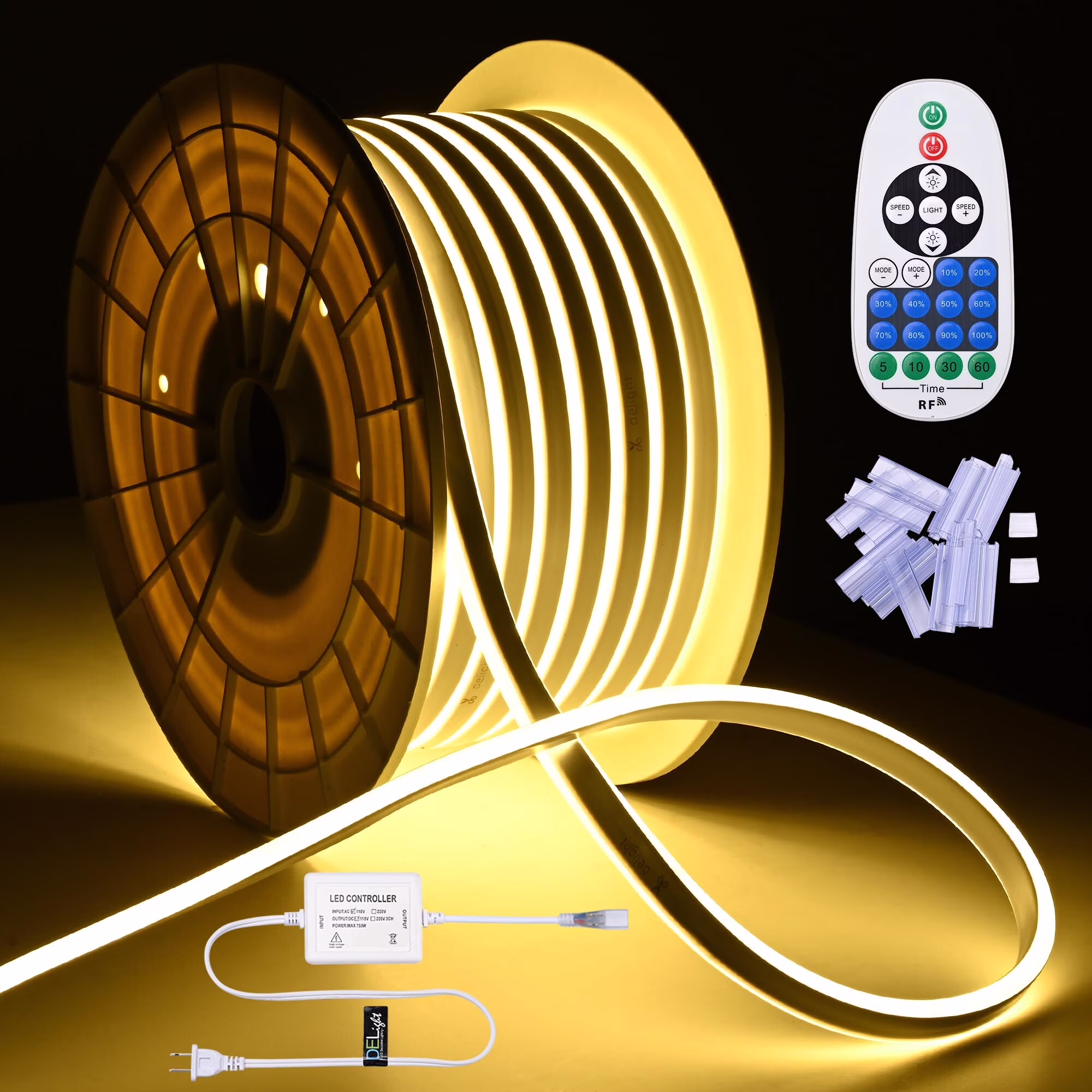DELight 100FT Warm White Neon Rope Lights with Remote Control AC 110V IP65 Waterproof Cuttable Dimmable Flexible DIY DEL-D100W