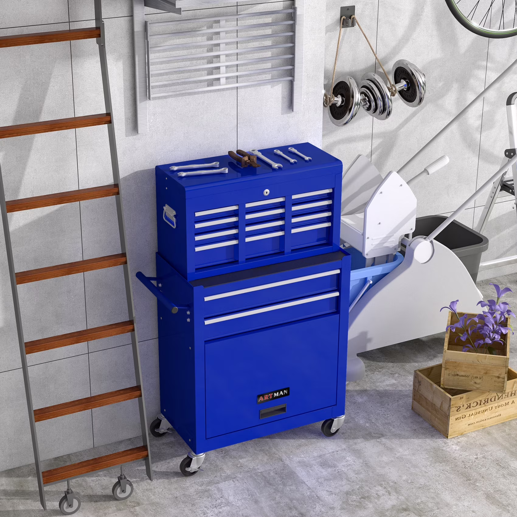 Multifunctional 8 Drawer Rolling Tool Chest with Pull Handle and Brake,  Steel Construction Tool Cart with Storage Cabinet and Holidng Panel for Garage, Warehouse, Workshop, Repair Shop, Navy Blue