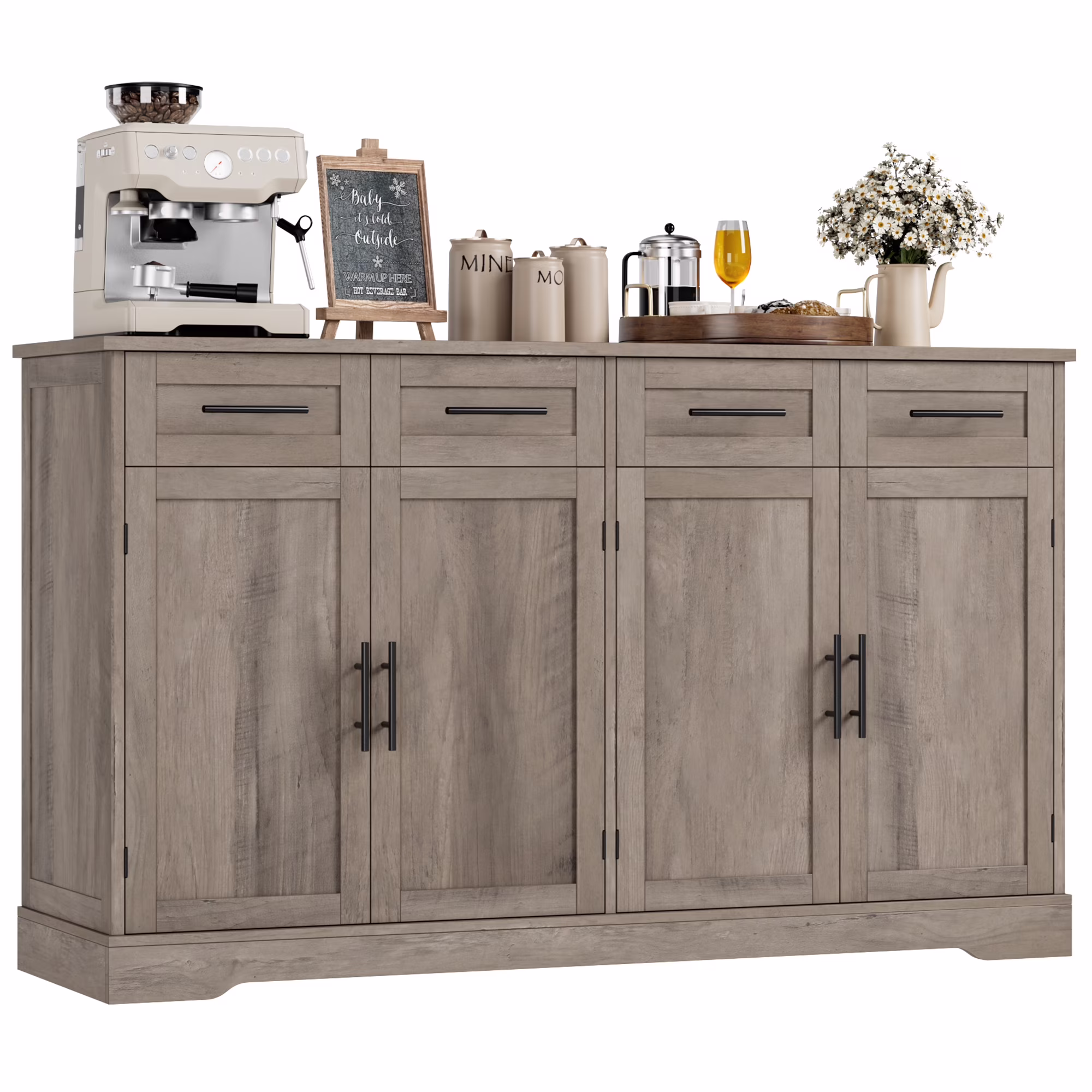 Homfa Farmhouse Buffet Cabinet with 4 Drawers and 4 Doors, 59" W Sideboard Buffet Storage Cabinet with Shelves, for Kitchen Living Room Bedroom, Wash Gray