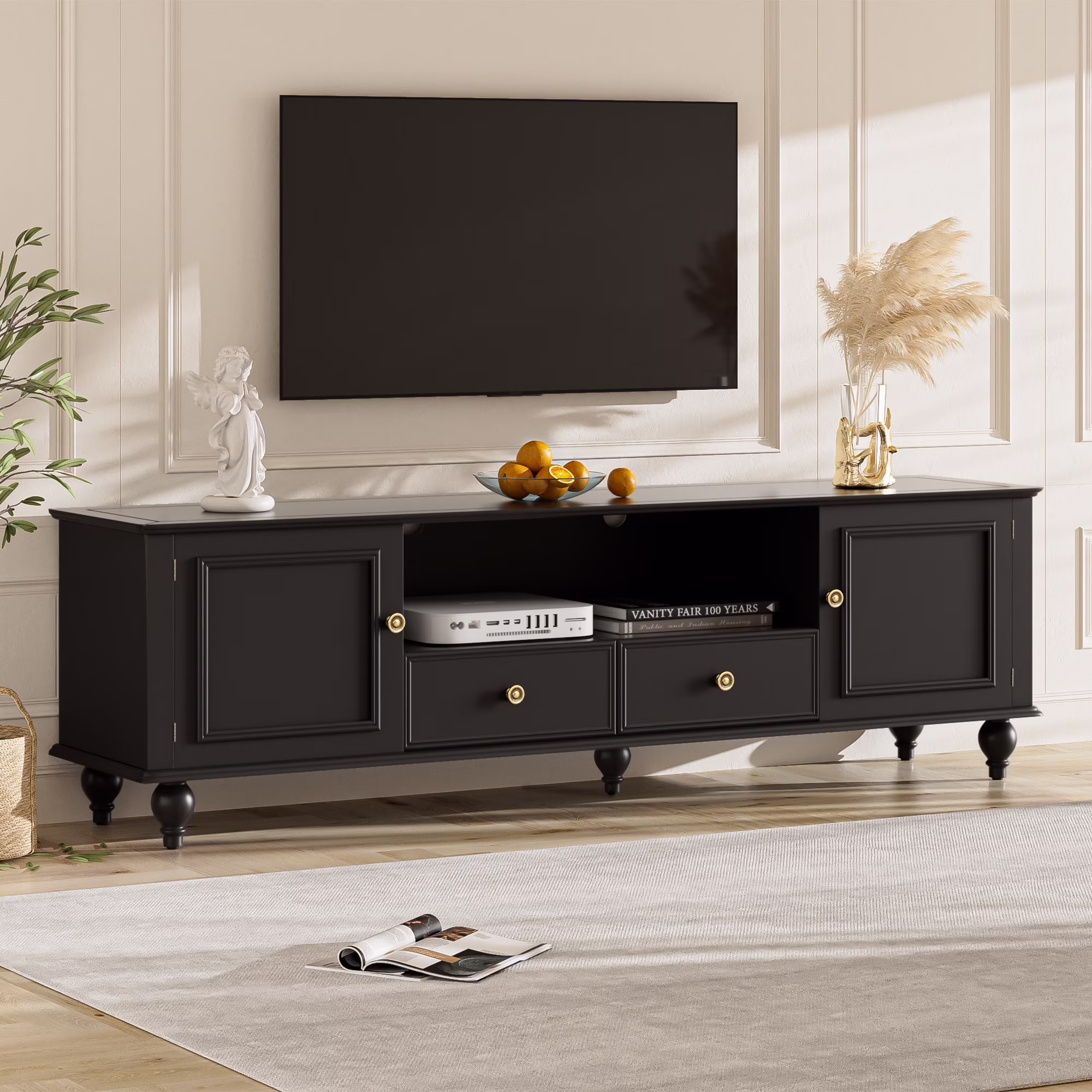 Euroco Modern Minimalist TV Stand with 2 Cabinets, 2 Drawers, and Open Shelf, Media Console with Anti-Tip Kit, for TVs up to 65"