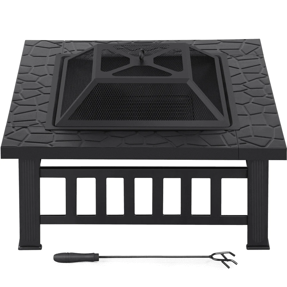 SMILE MART Outdoor 32" Square Metal Fire Pit Table with Spark Screen, Black