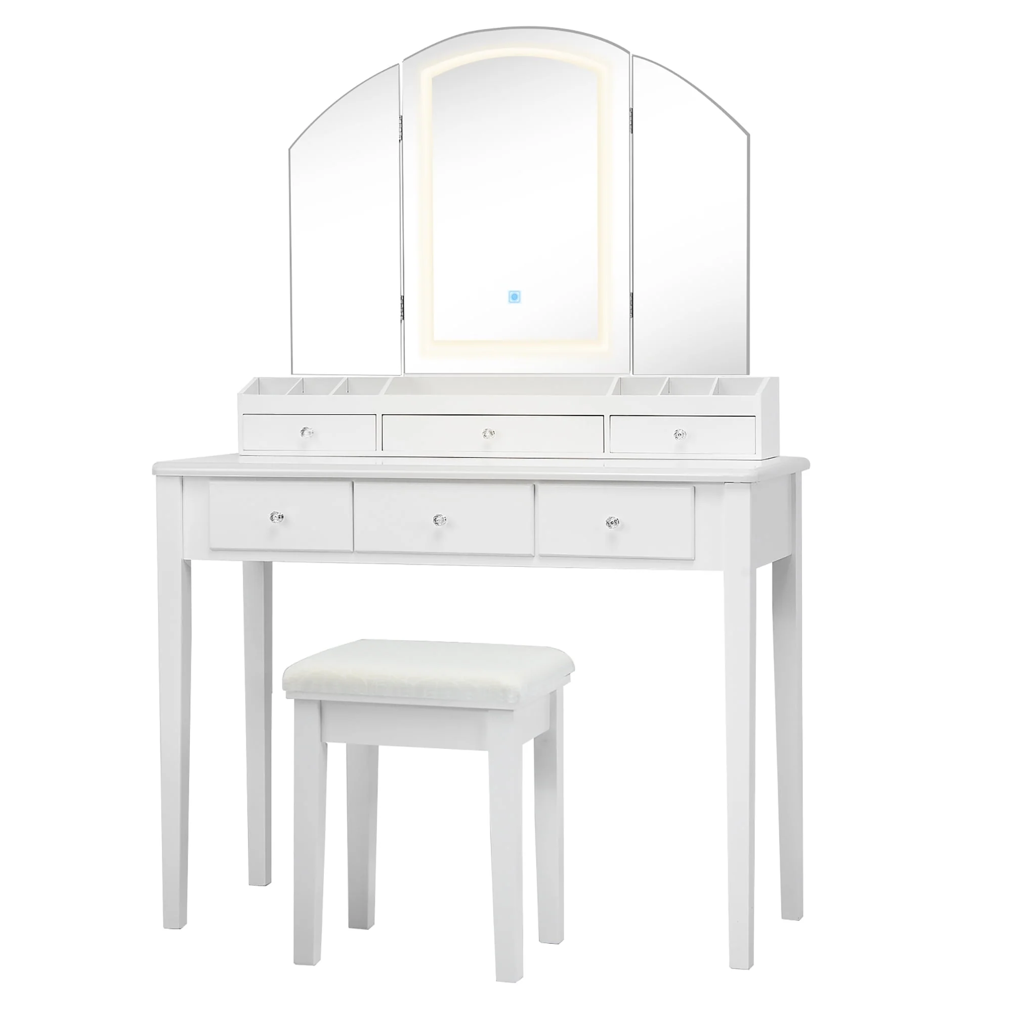 Costway Vanity Table Stool Set Large Tri-folding Lighted Mirror 6 Drawer Dresser White