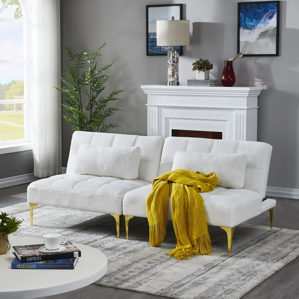 Sofa Bed, Convertible Couch Bed Futon,  Armless Couches with Gold Metal Legs Teddy Fabric for Living Room Bedroom Apartment Office Small Space (White)