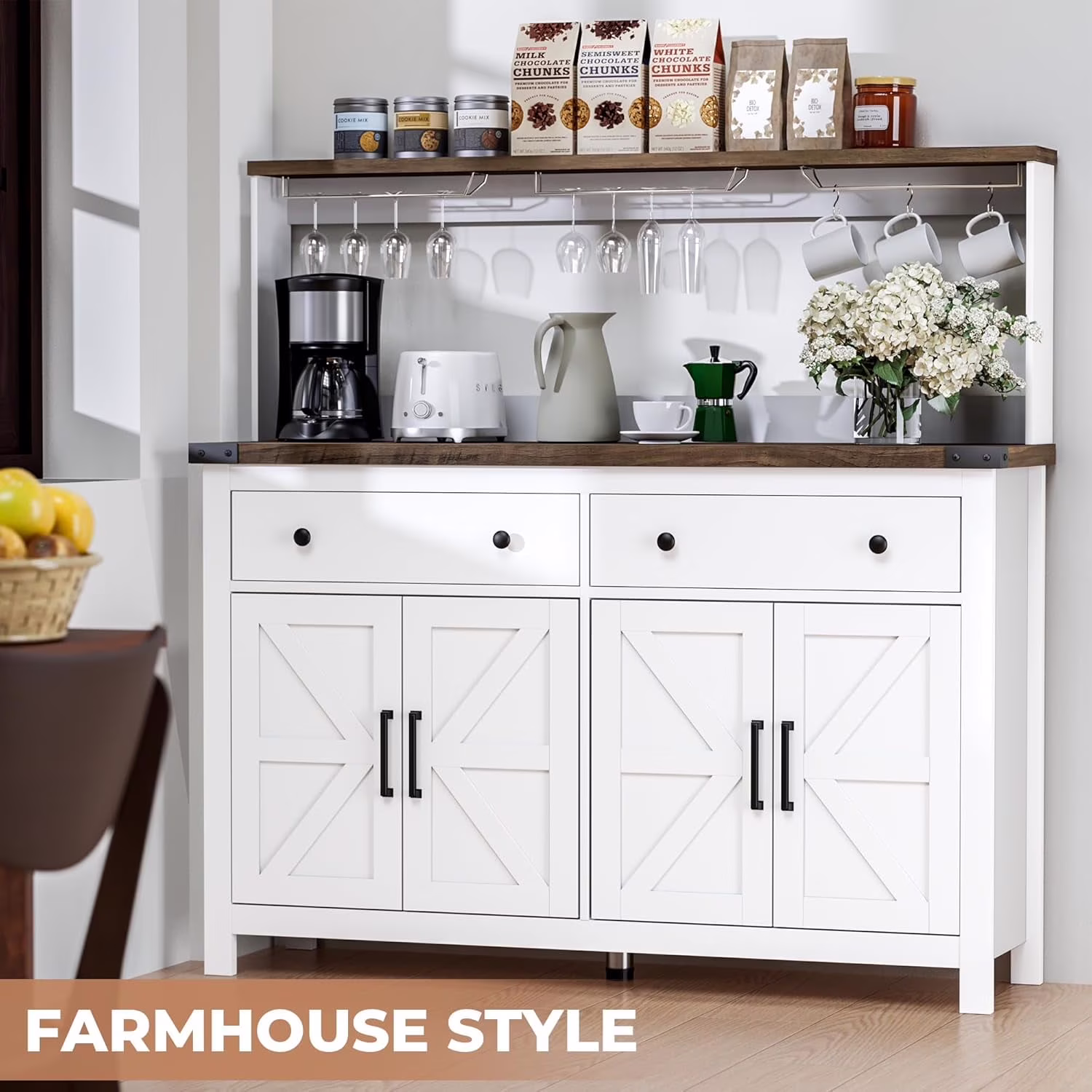 Frmobepts Farmhouse Coffee Bar Cabinet, 60" Tall Bar Cabinet with Drawers & Power Outlet, Sideboard Buffet Cabinet with Storage Barn Door for Kitchen, Dining Room