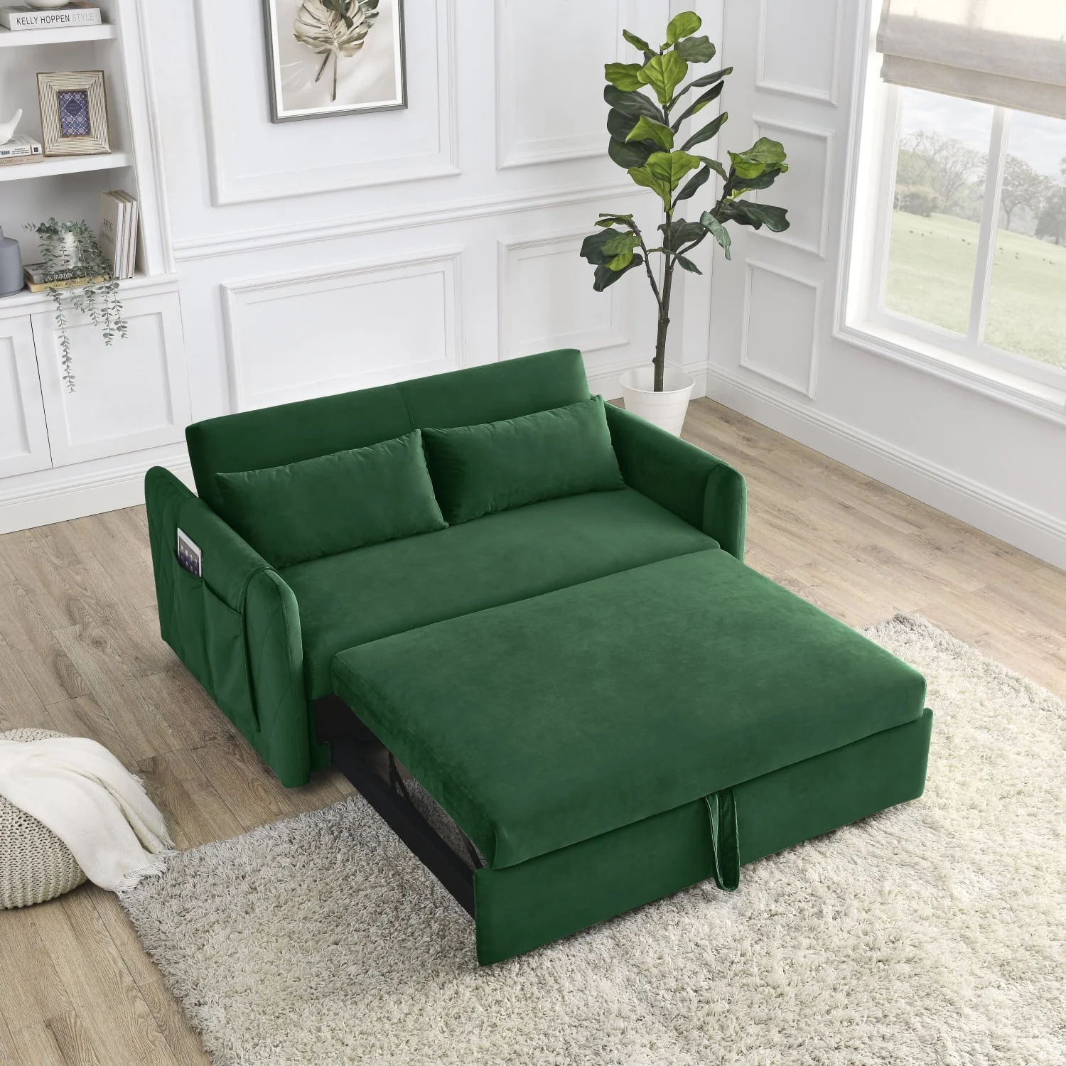 Holaki 55" Modern Convertible Sofa Bed with 2 Detachable Arm Pockets, Velvet Loveseat Sofa with Pull Out Bed, 2 Pillows and Living Room Adjustable Backrest, Grid Design Armrests
