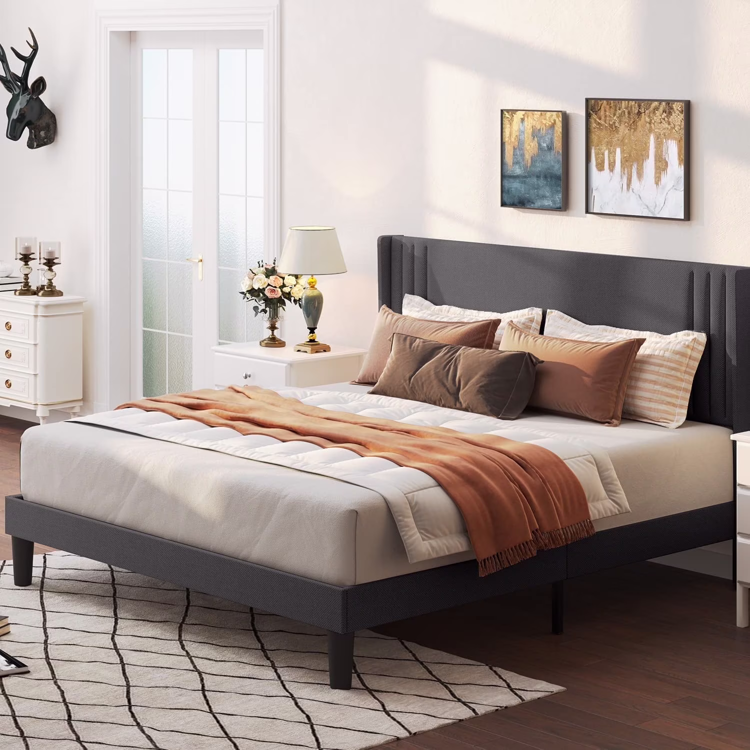 Full Size Bed Frame with Upholstered Wing Back Headboard, Noise Isolation, Dark Grey Finish