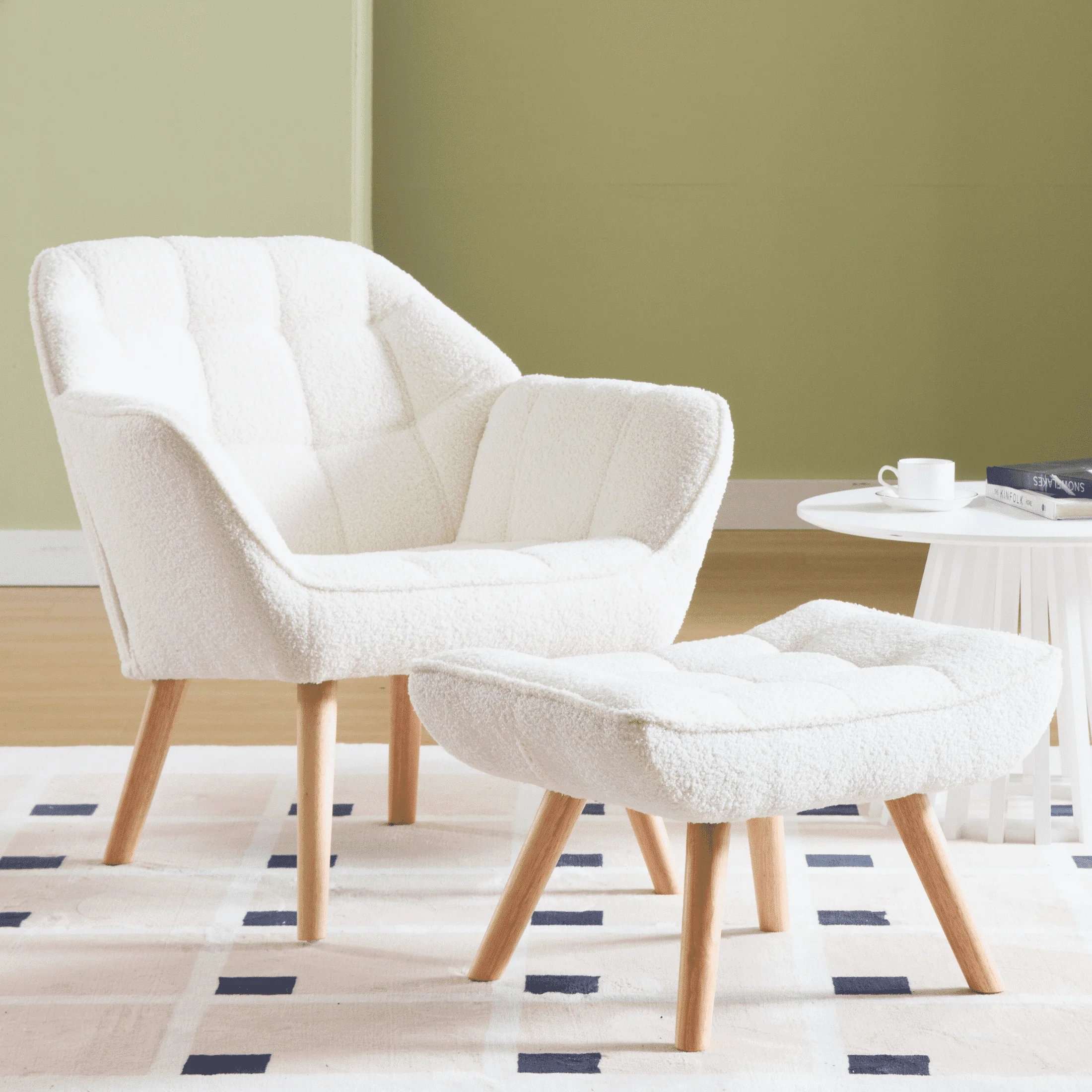Guyou Faux Fur Accent Chair with Ottoman - 32" Wide Plush Lounge Chair for Living Room, Round Tufted Back Armchair, Cozy Reading Chair, White