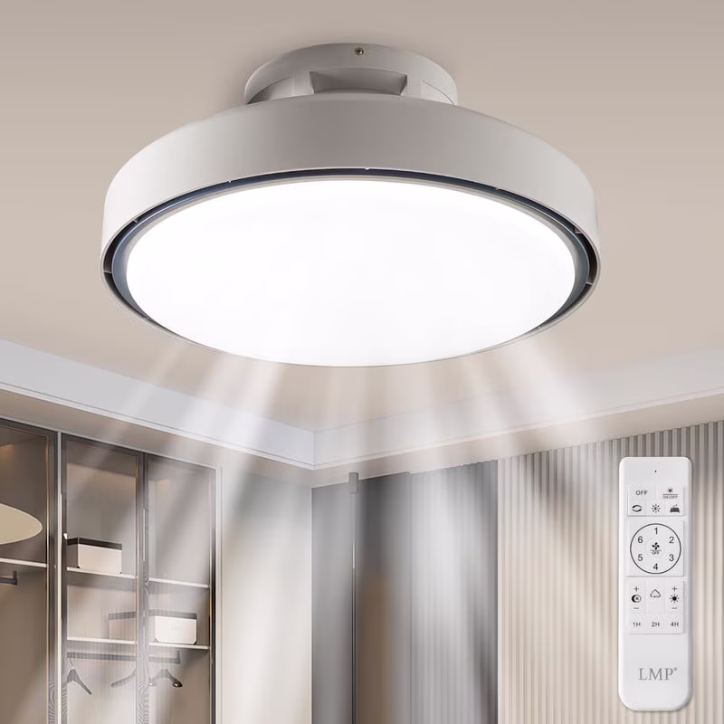 JXXRZ 19.8" Flush Mount Ceiling Fan w/Light & Remote, Dimmable LED, Reversible DC Motor, Low Profile for Bedroom/Living Room,White&Grey
