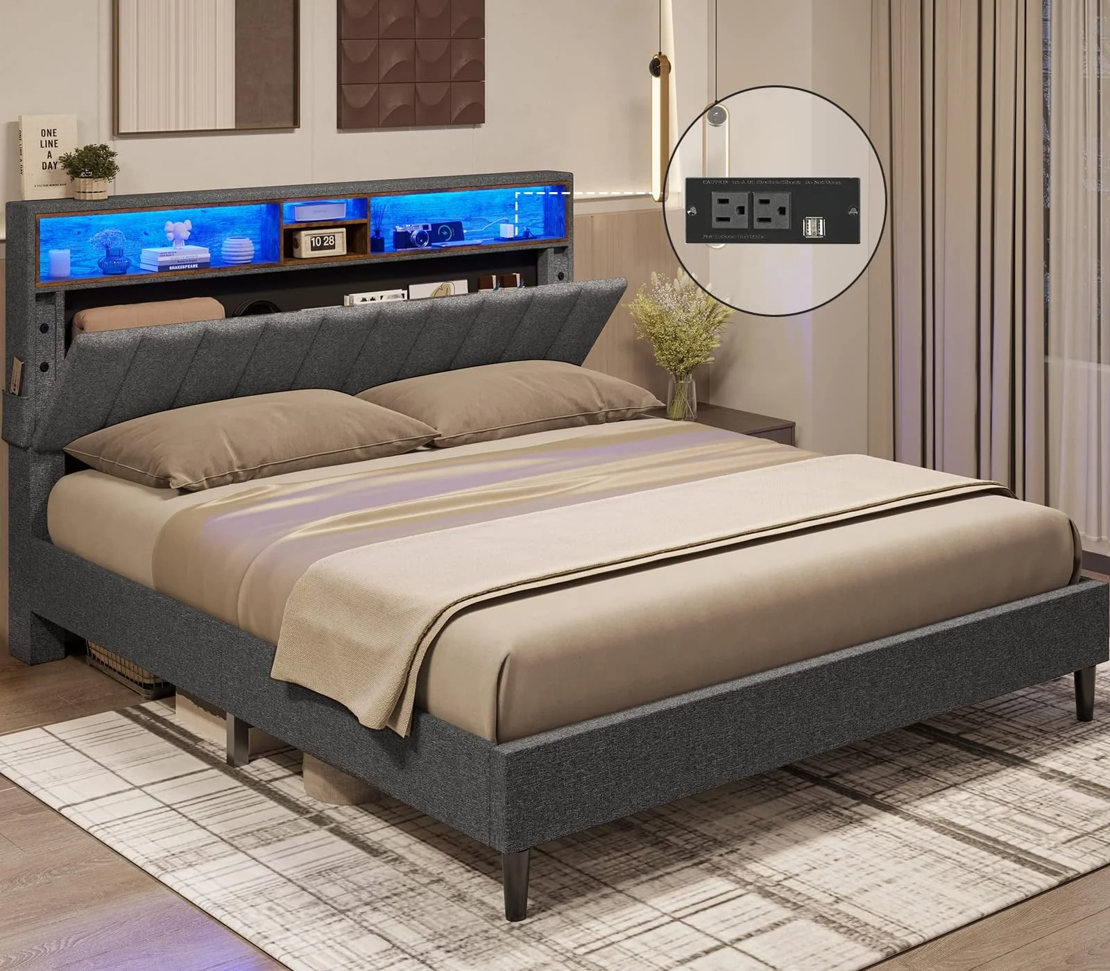 Tiptiper Queen Size LED Bed Frame with Outlet and USB Ports, Platform Bed Frame with Storage Headboard, Upholstered Bed, Dark Gray