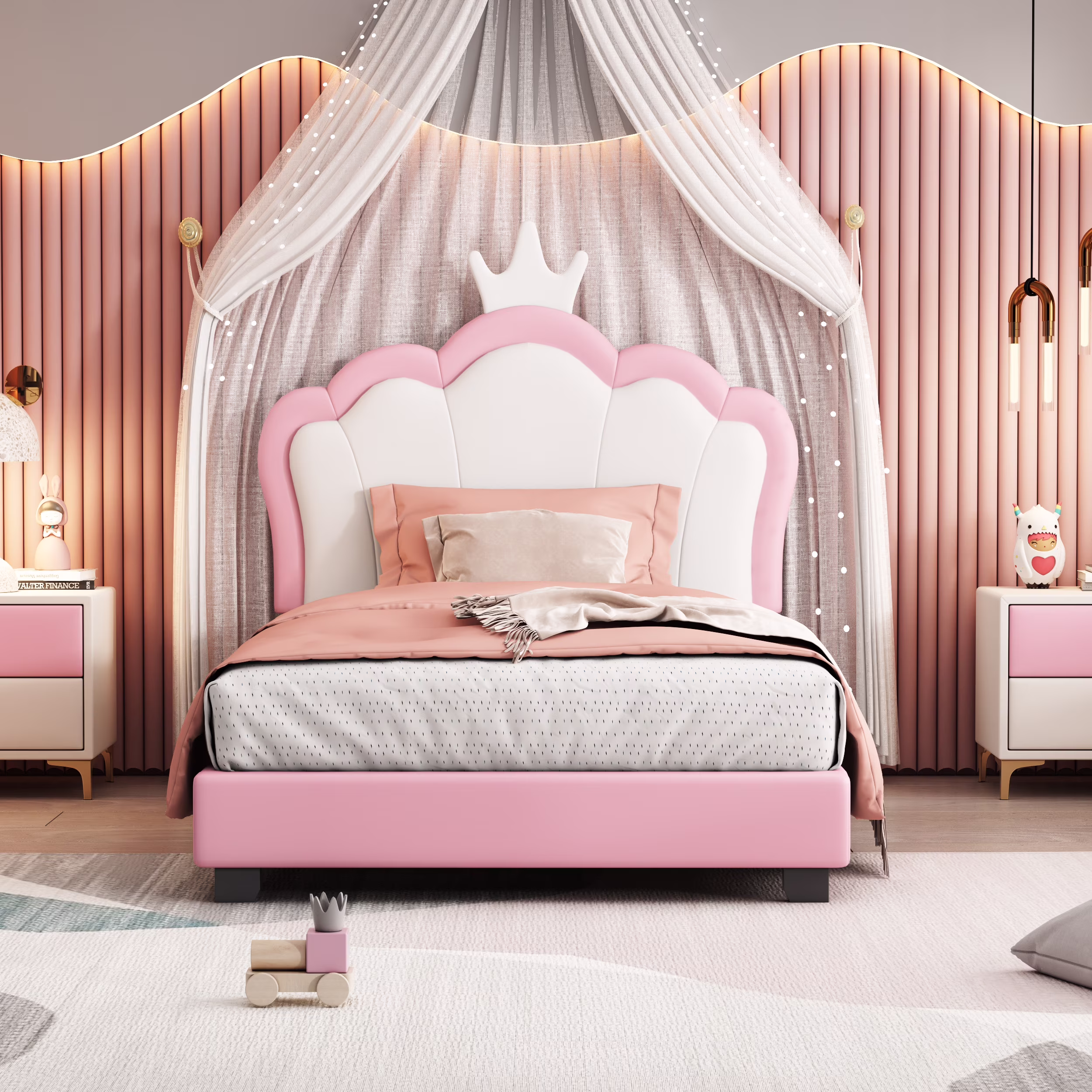 Euroco Wood Twin Size Platform Bed with Crown Headboard and for Kids, Pink