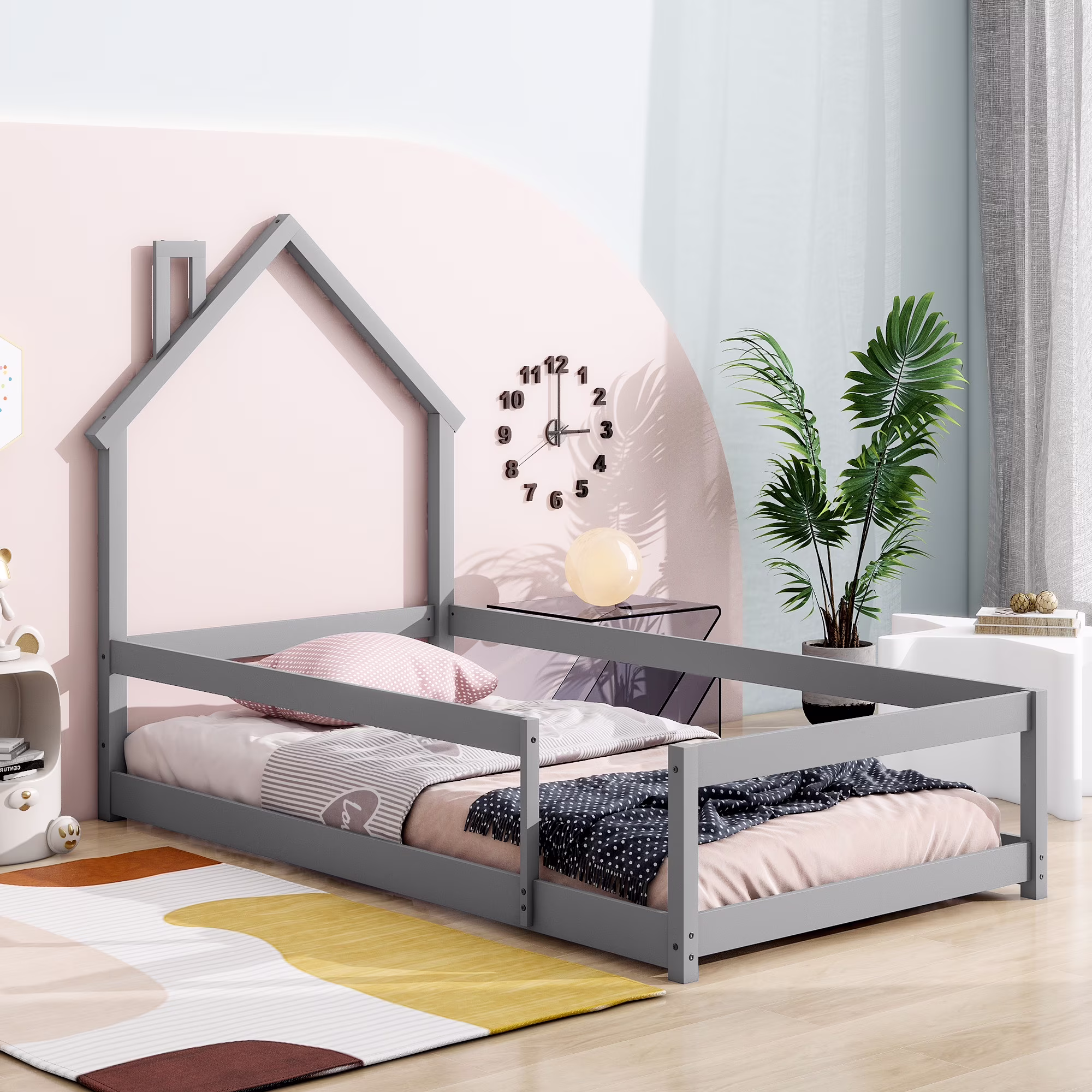 Twin Size Floor Bed with Fence for Kids, Alvantor Wooden Bed Frame with House Headboard Gray
