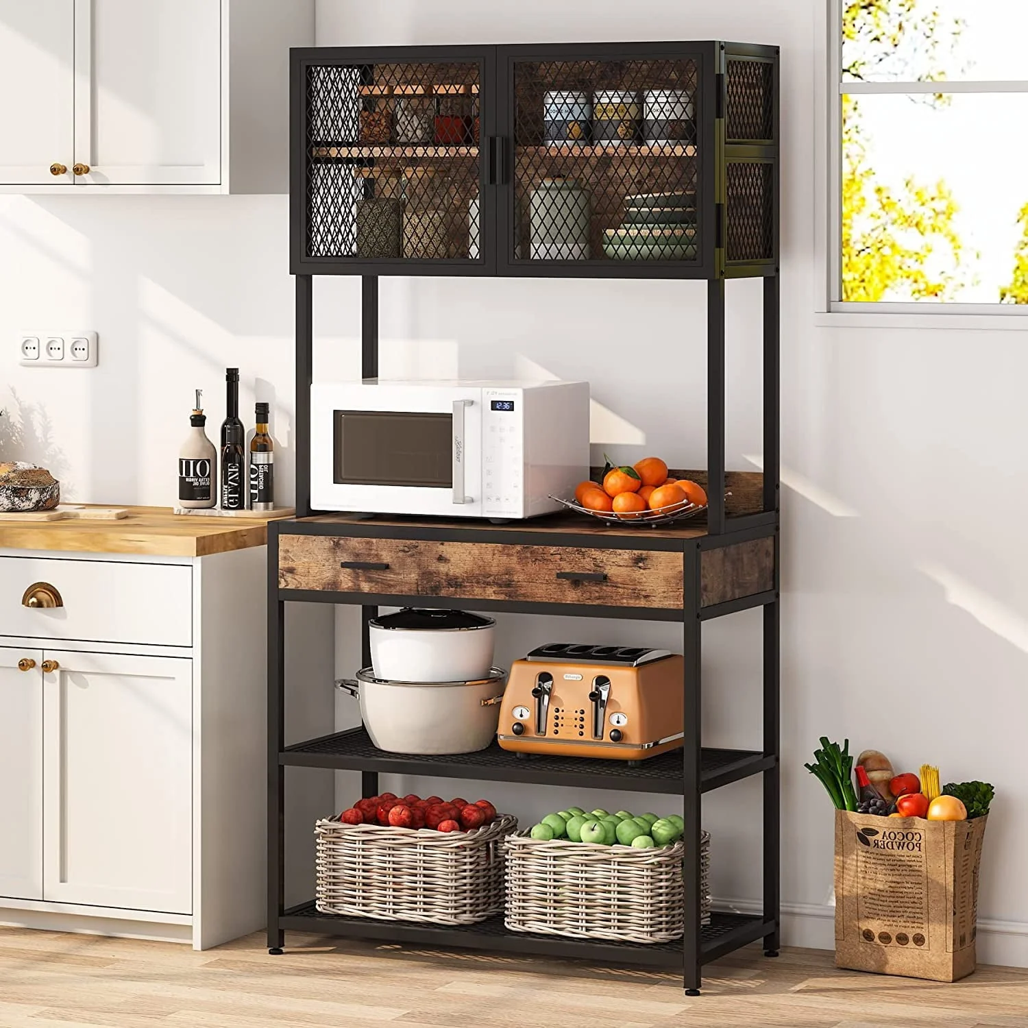 Tribesigns Kitchen Bakers Rack, Microwave Oven Stand with Storage Shelves Cabinet and Drawer, Bakers Racks for Kitchens with Storage Hutch, Kitchen Storage Shelf Organizer Rack for Dinning Room