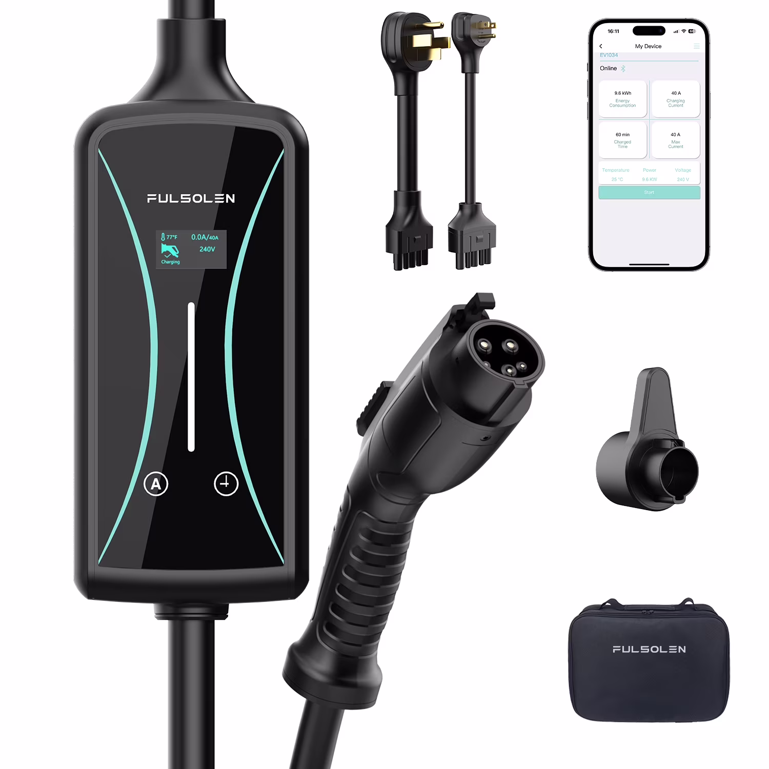 Fulsolen Level 2 EV Charger 32Amp/7.6kW/240V Electric Vehicle Charging Station with NEMA 5-15 and NEMA 14-50 Outlet