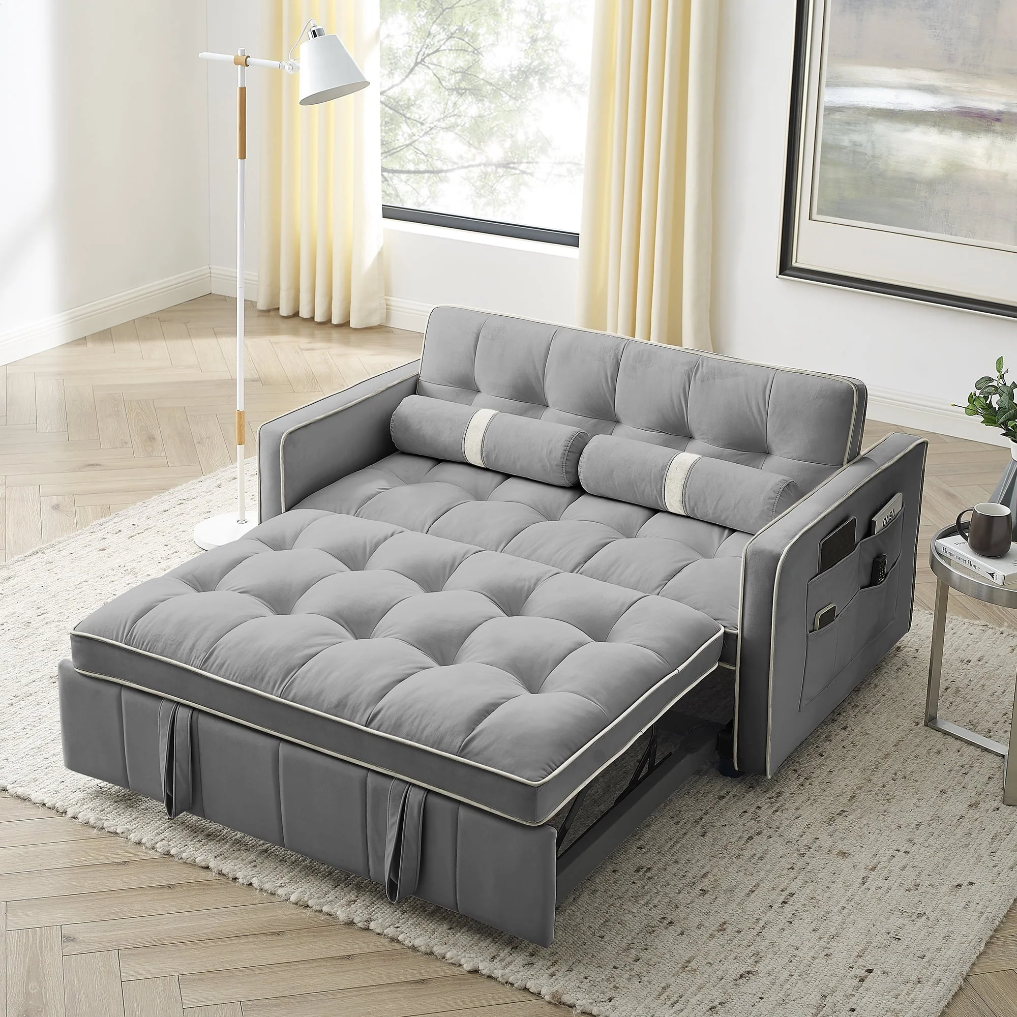 Holaki Modern 55.5" Pull Out Sleep Sofa Bed 2 Seater Loveseats Sofa Couch with side pockets, Adjsutable Backrest and Lumbar Pillows for Apartment Office Living Room