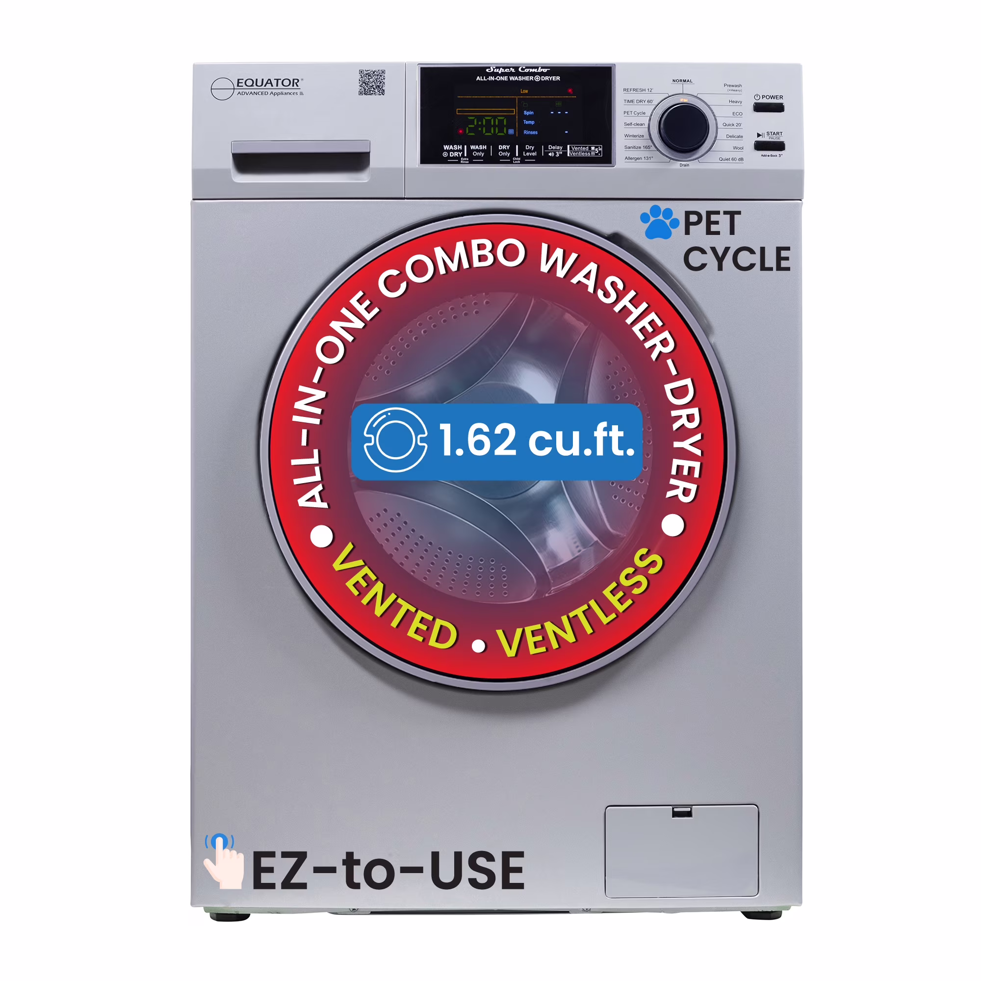 Equator 1.62 cu.ft./15 lbs All in One Combo Washer Dryer with Pet Cycle Silver