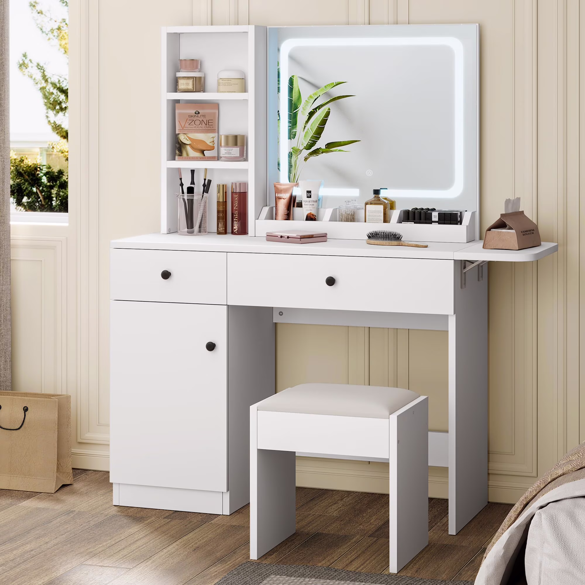 DSstyles Brown/Black/White Vanity Desk with LED Lighted Mirror & Power Outlet, Makeup Vanity with Drawers & Cabinet & Chair, Vanity Table Set for Bedroom