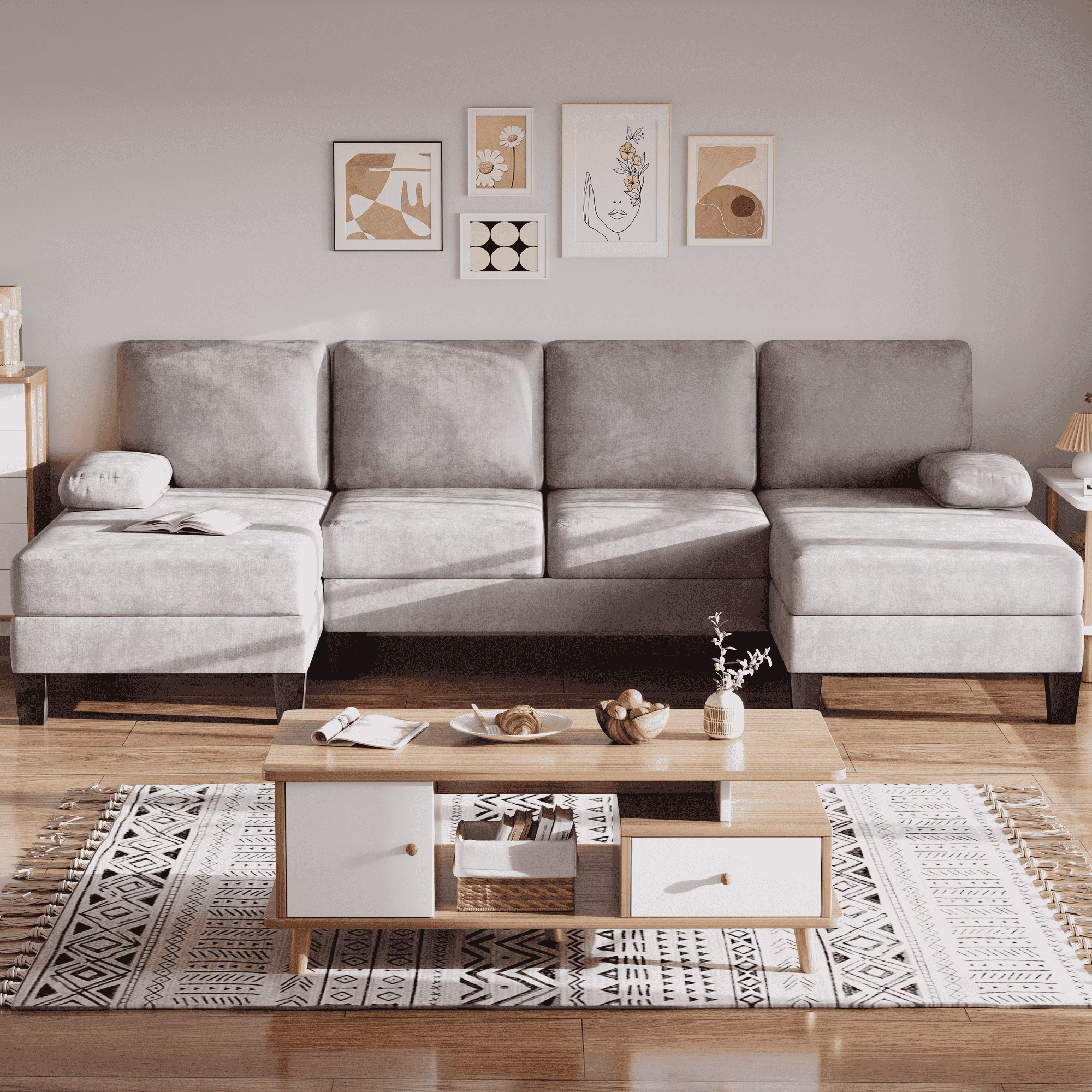 Bezseller U-Shaped Sectional Sofa, 110" Chenille Couch for Living Room, Light Grey