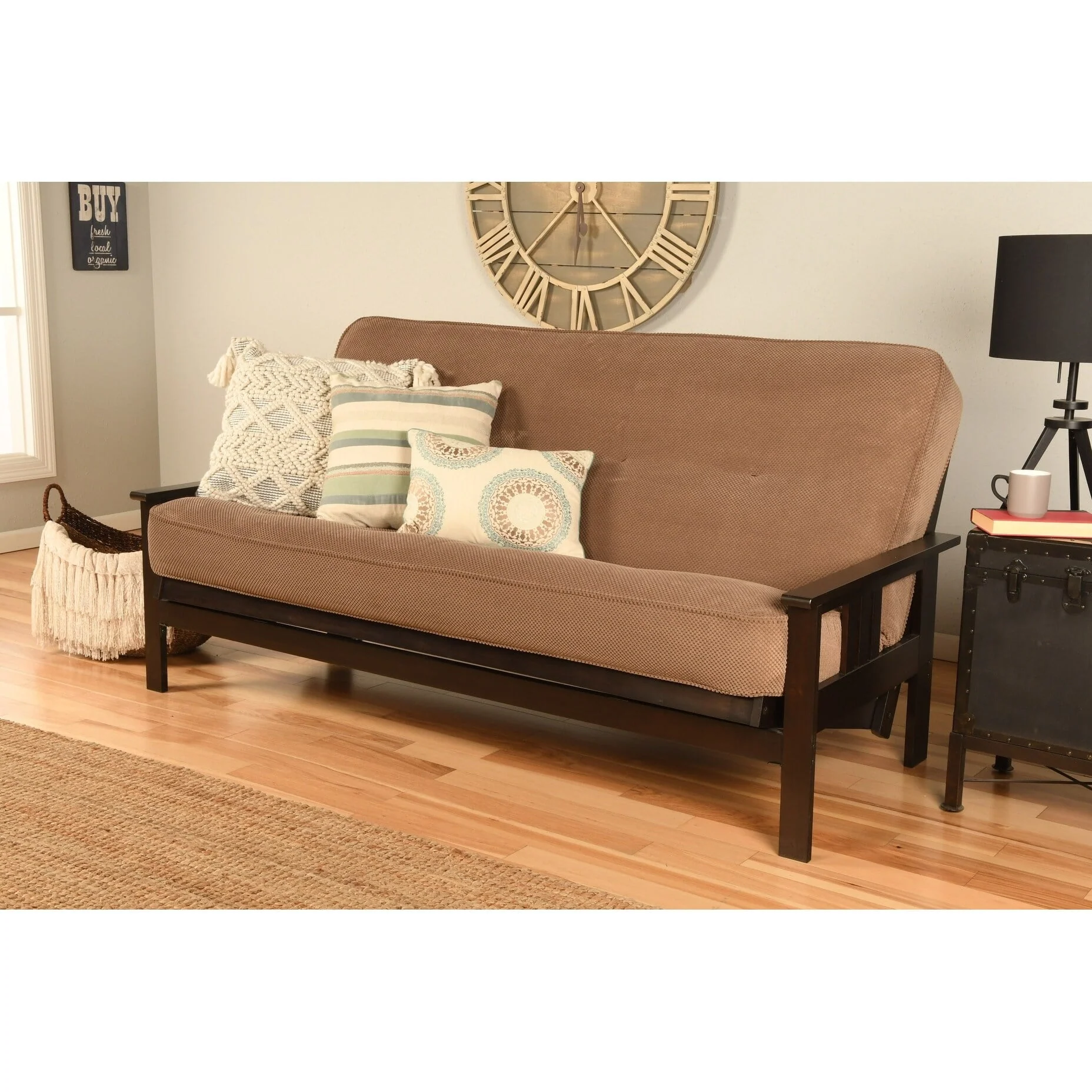 Porch & Den  Zumbro Bonded Leather Espresso Futon Set with Mattress Marmont Mocha Wood, Fabric Solid 8 in