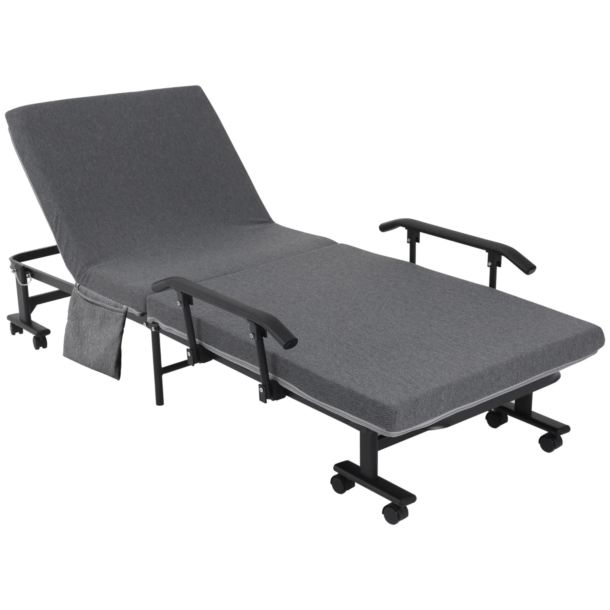 HOMCOM Folding Bed with Mattress & Wheels, Adjustable Backrest, Dark Grey