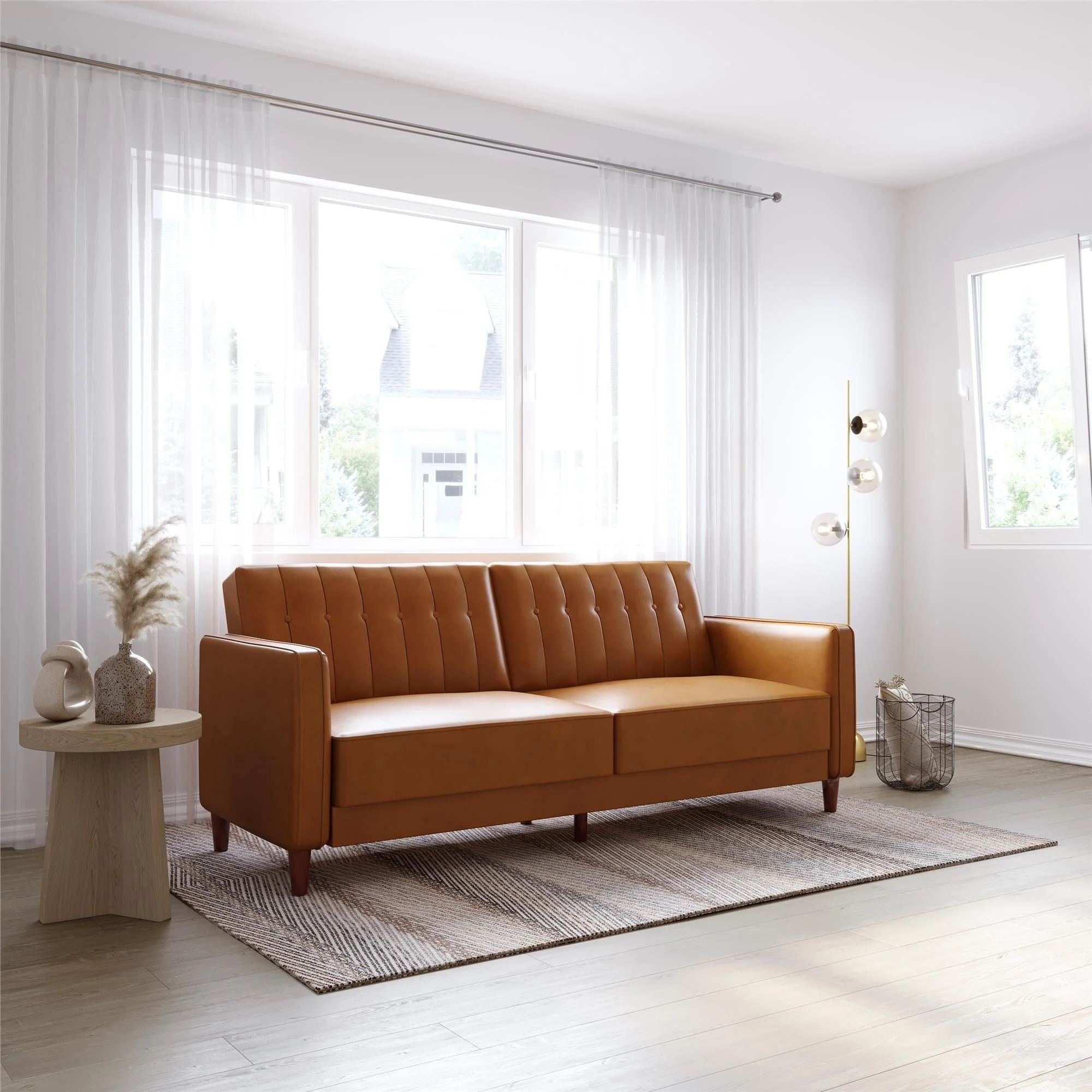 DHP Pin Tufted Transitional Futon and Sofa Bed, Camel Faux Leather