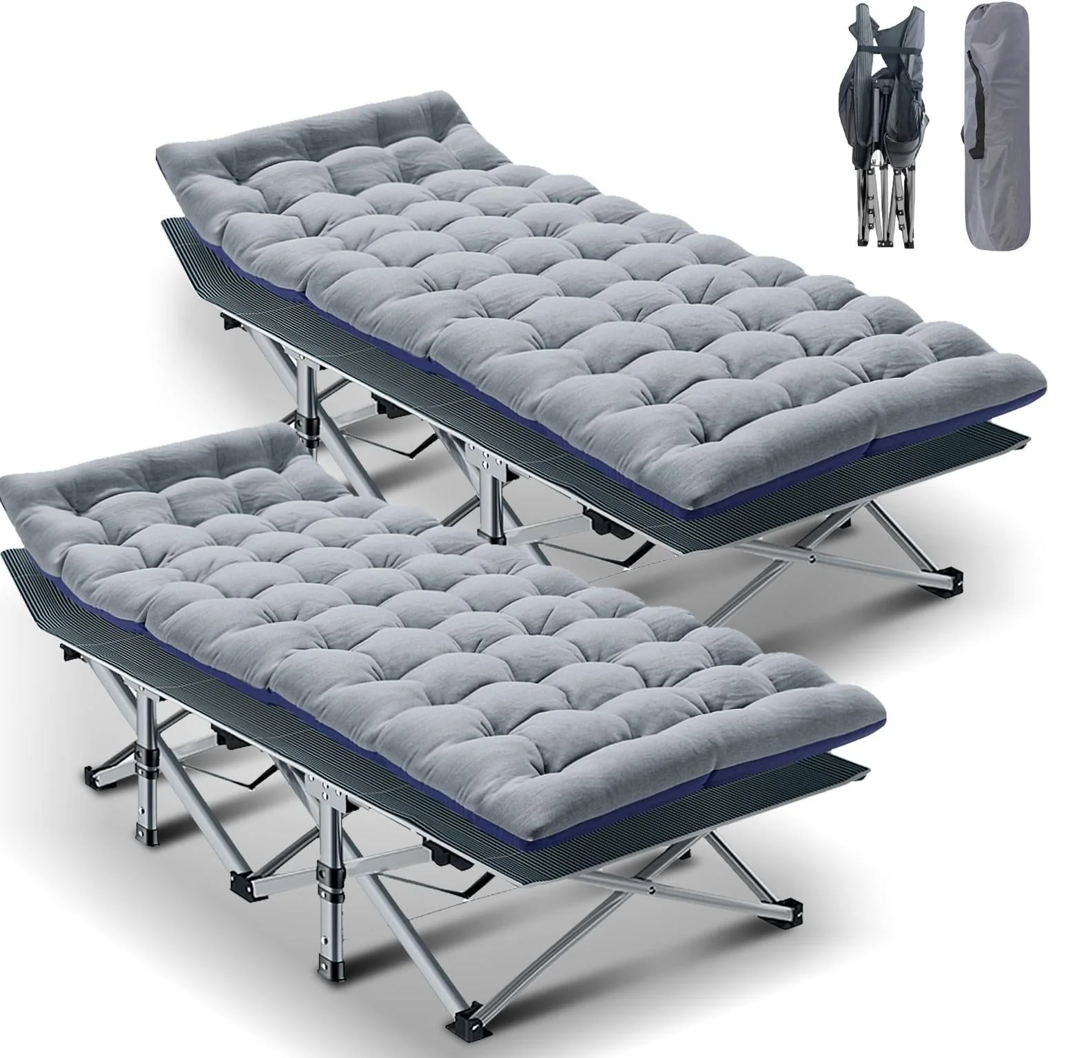 MOPHOTO Folding Camping Cot, Folding Cot for Adults Portable Heavy Duty Sleeping Cots, with Gray Mattress & Carrying Bag, 2pk