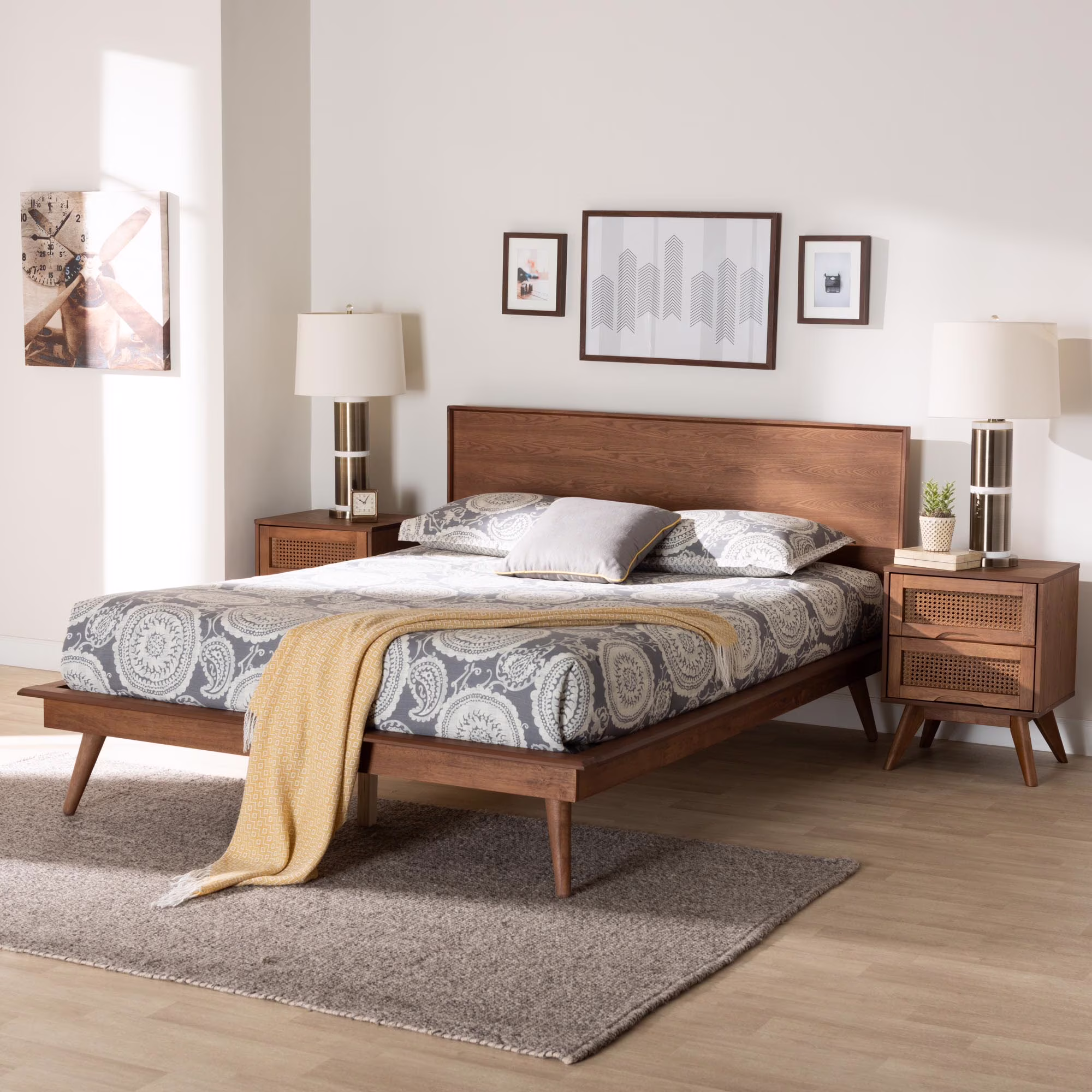 Baxton Studio Melora Mid-Century Modern Walnut Brown Finished Wood and Rattan Full Size 3-Piece Bedroom Set