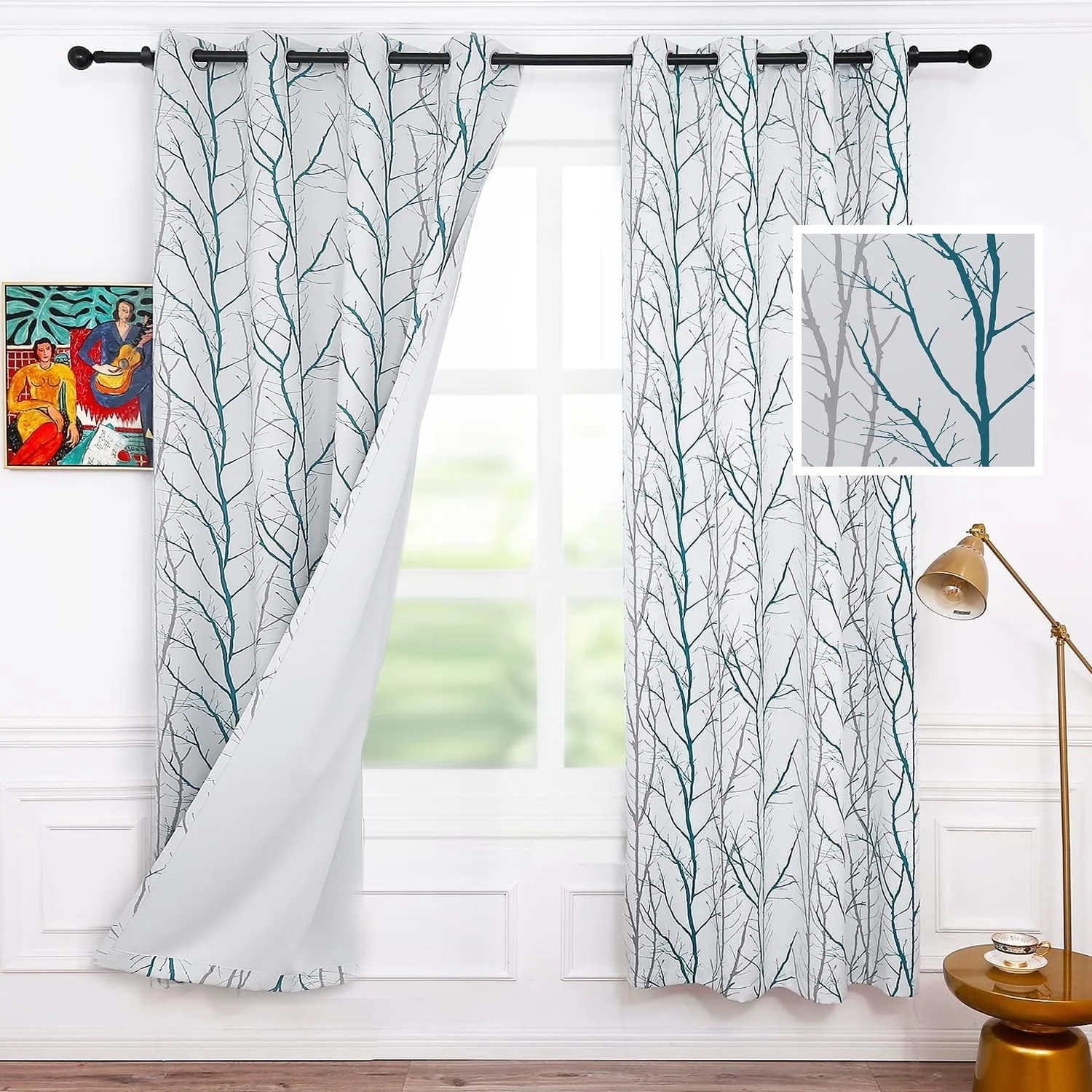 Anjee Blackout Curtains 96 Inches Long Set of 2 for Bedroom, Teal Tree Print Fashion Grommet Light Blocking Window Panels for Living Room 52" x 96"