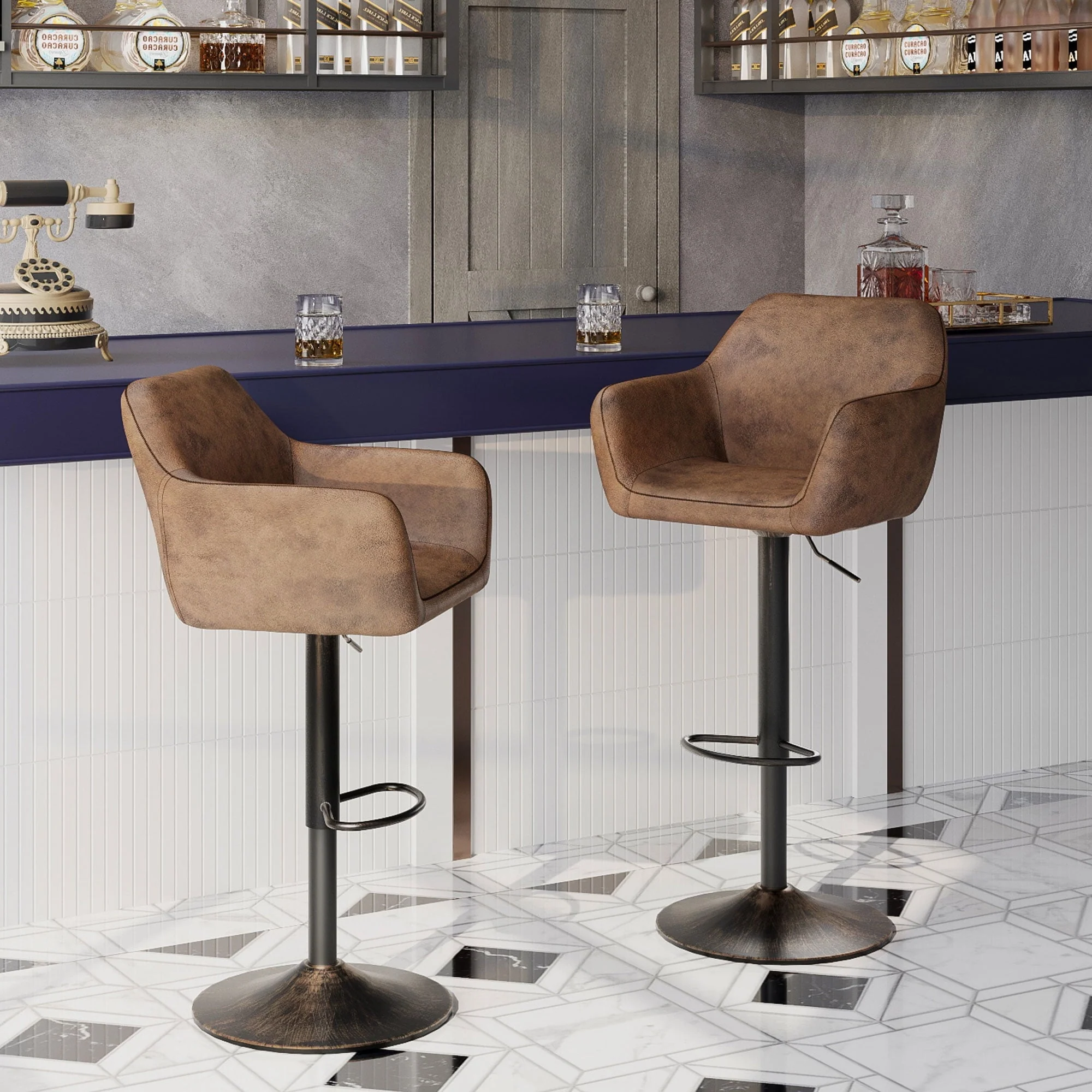 Homfa Swivel Bar Stool with Armrests, Tall Adjustable Rolling Stool Chair with Back for Home Office, Vintage Brown (Set of 2)