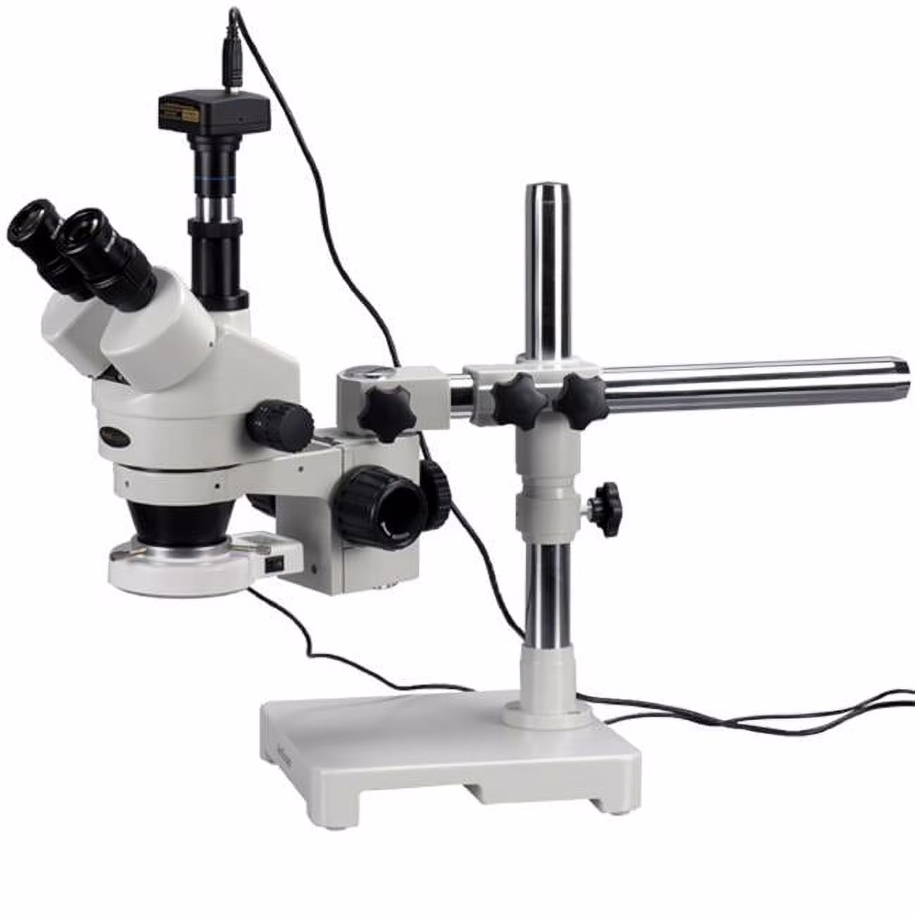 AmScope Trinocular LED Boom Stand Stereo Zoom Microscope + 5MP Camera New
