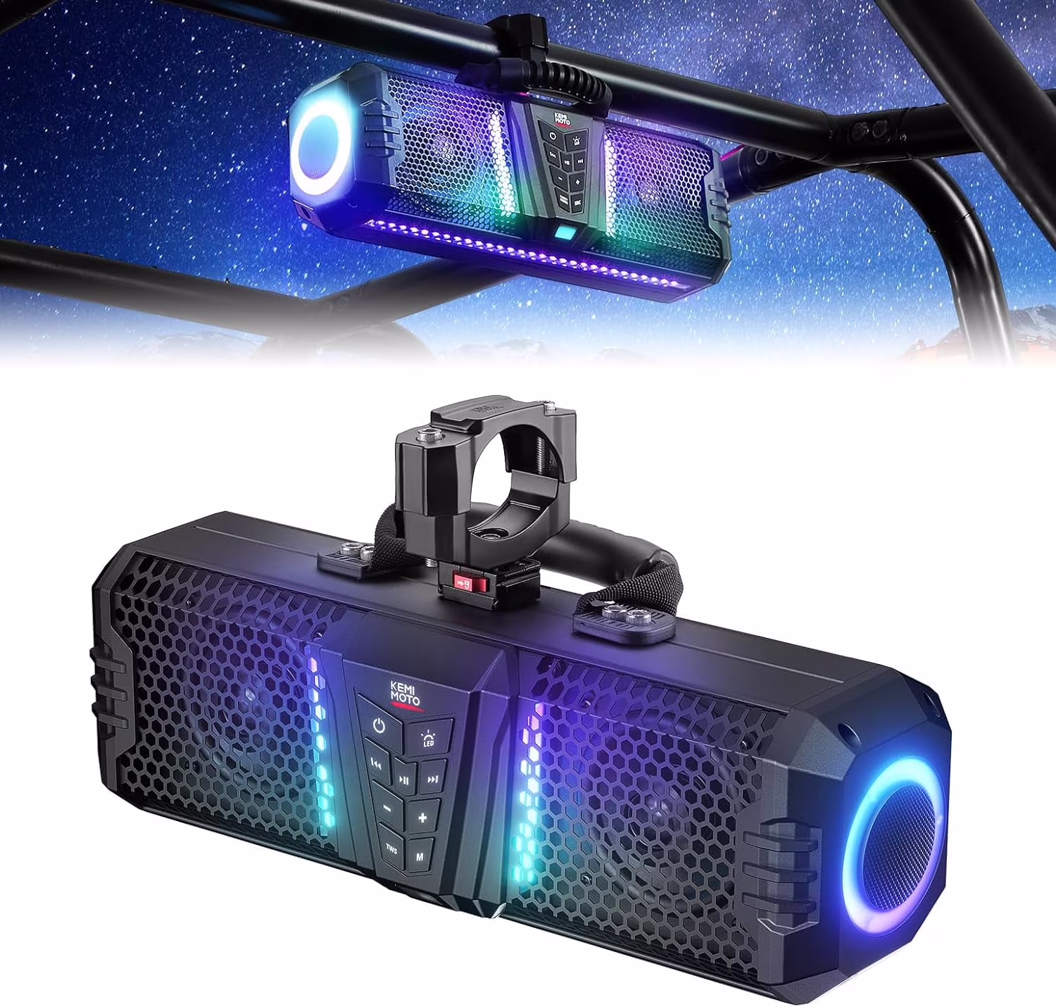 40B 16-inch UTV Sound Bar Built-in Battery RGB Music Sync Multicolor Lights 300W Peak Vehicle Speaker Bluetooth for Golf Cart Boat 1"-2" Roll Bar
