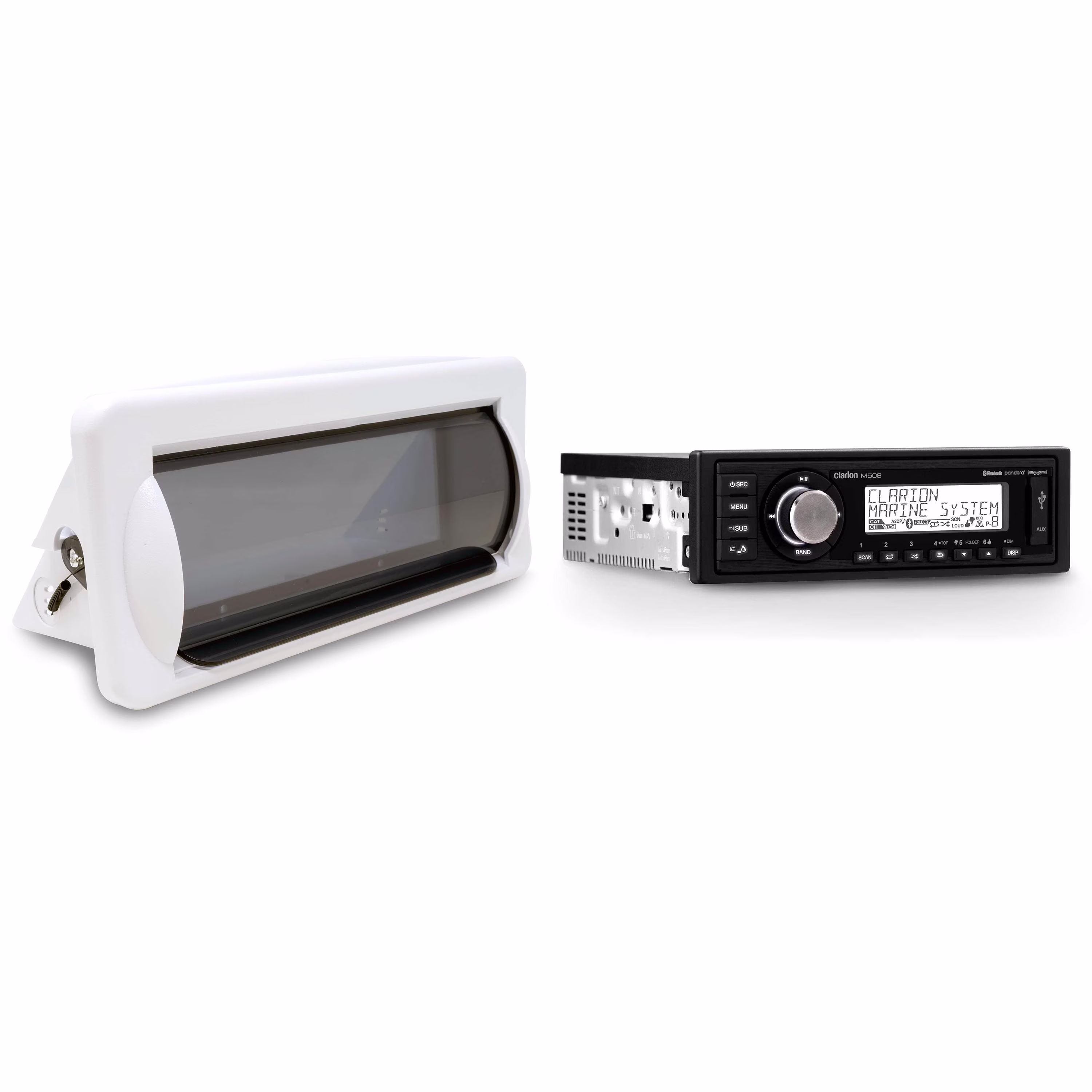 Clarion M508 Single DIN Digital Media Receiver with built-in Bluetooth with Creative Audio CAMC1B Marine Single DIN Radio Mounting Kit with Retractable Cover (White)