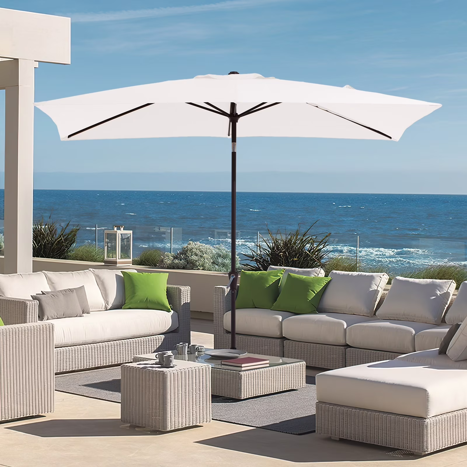 JEAREY 6.5*10ft Rectangular Patio Market Umbrella with Crank & Tilt, UV & Water-Resistant Canopy Off-White