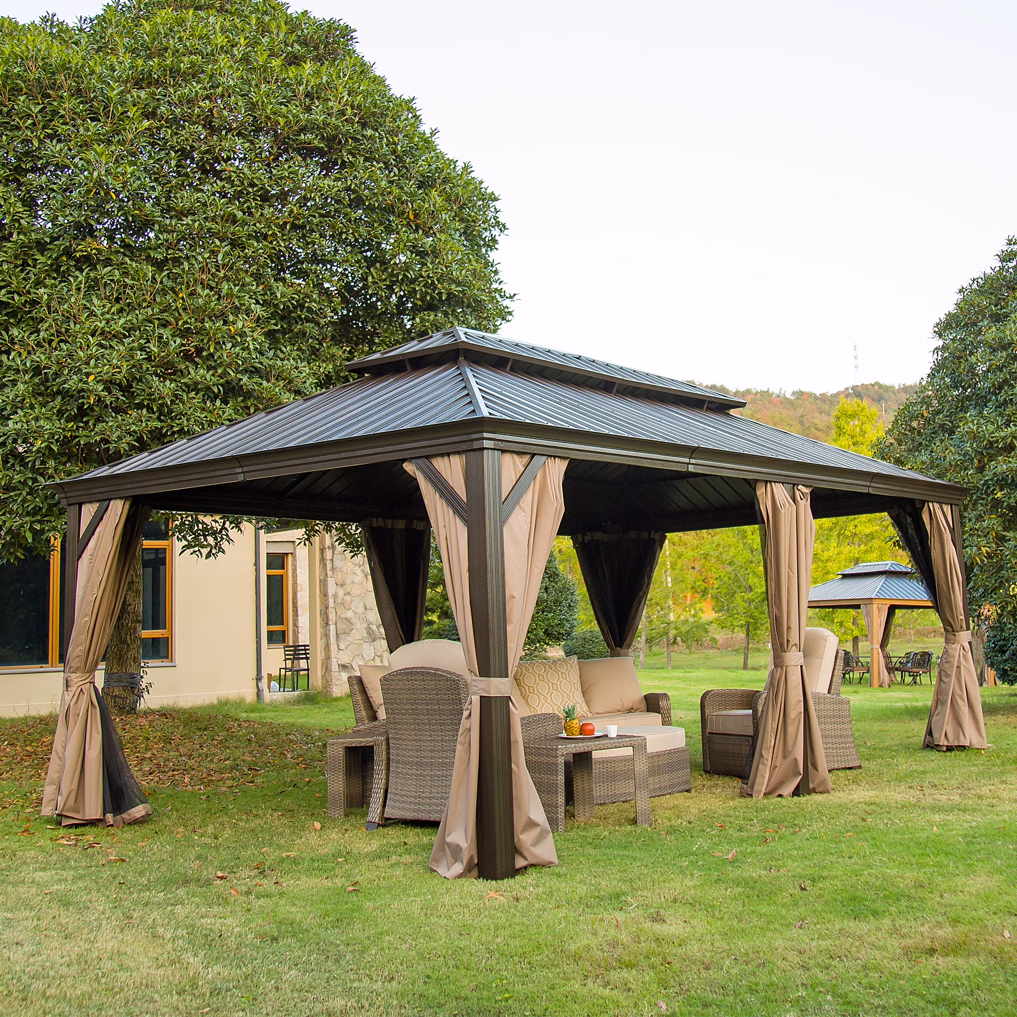 Mondawe 12'x20' Hardtop Gazebo, Outdoor Aluminum Frame Canopy with Galvanized Steel Double Roof, Outdoor Permanent Metal Pavilion with Curtains and Netting for Patio,Backyard and Lawn (Brown)