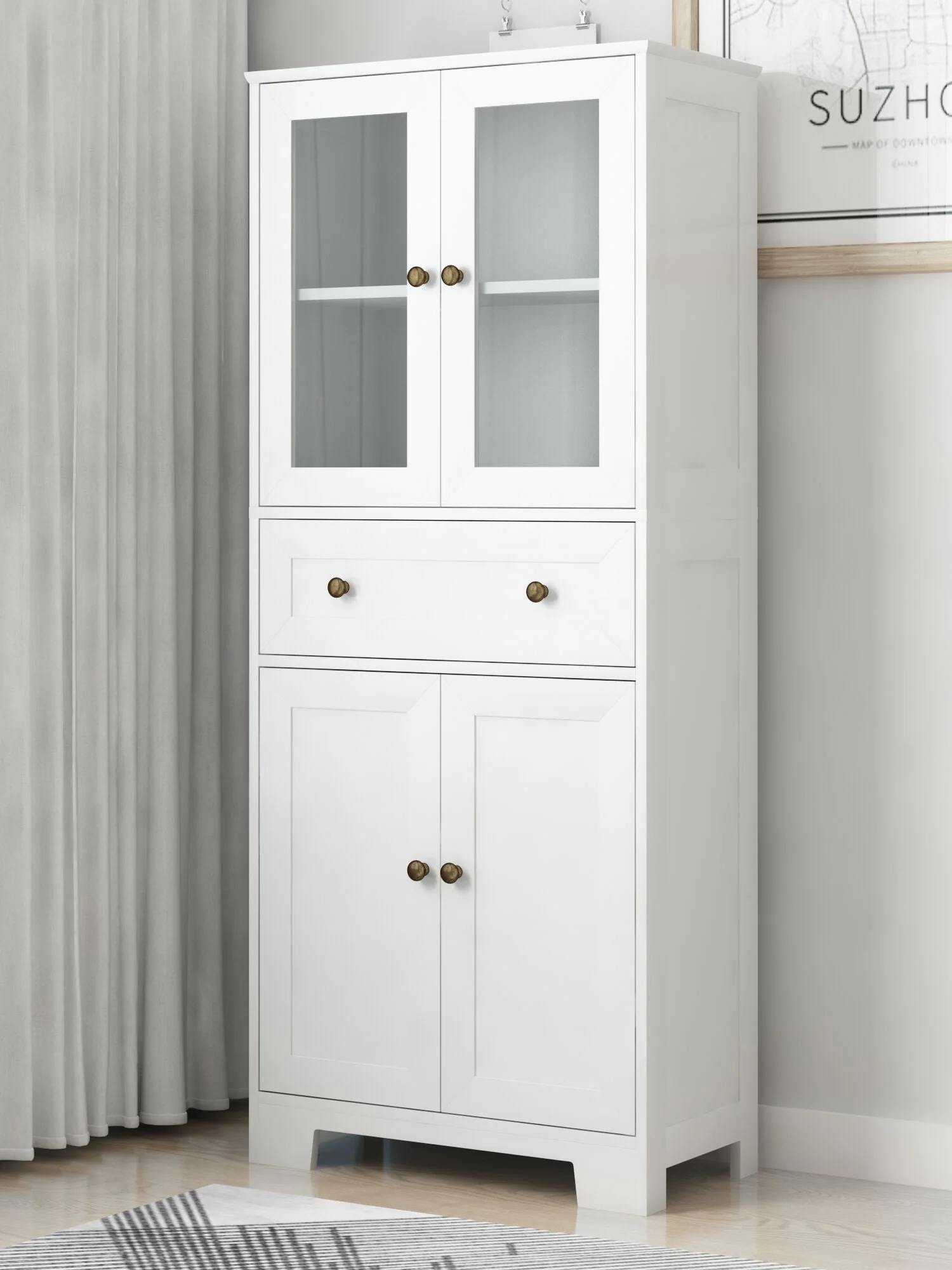 Ktaxon 64" Tall Bathroom Storage Cabinet Organizer, Freestanding Kitchen Pantry Cabinet Line Tower with 2 Glass Doors, Large Drawer & 4 Adjustable Shelves for Dining Room Living Room Home Office,White
