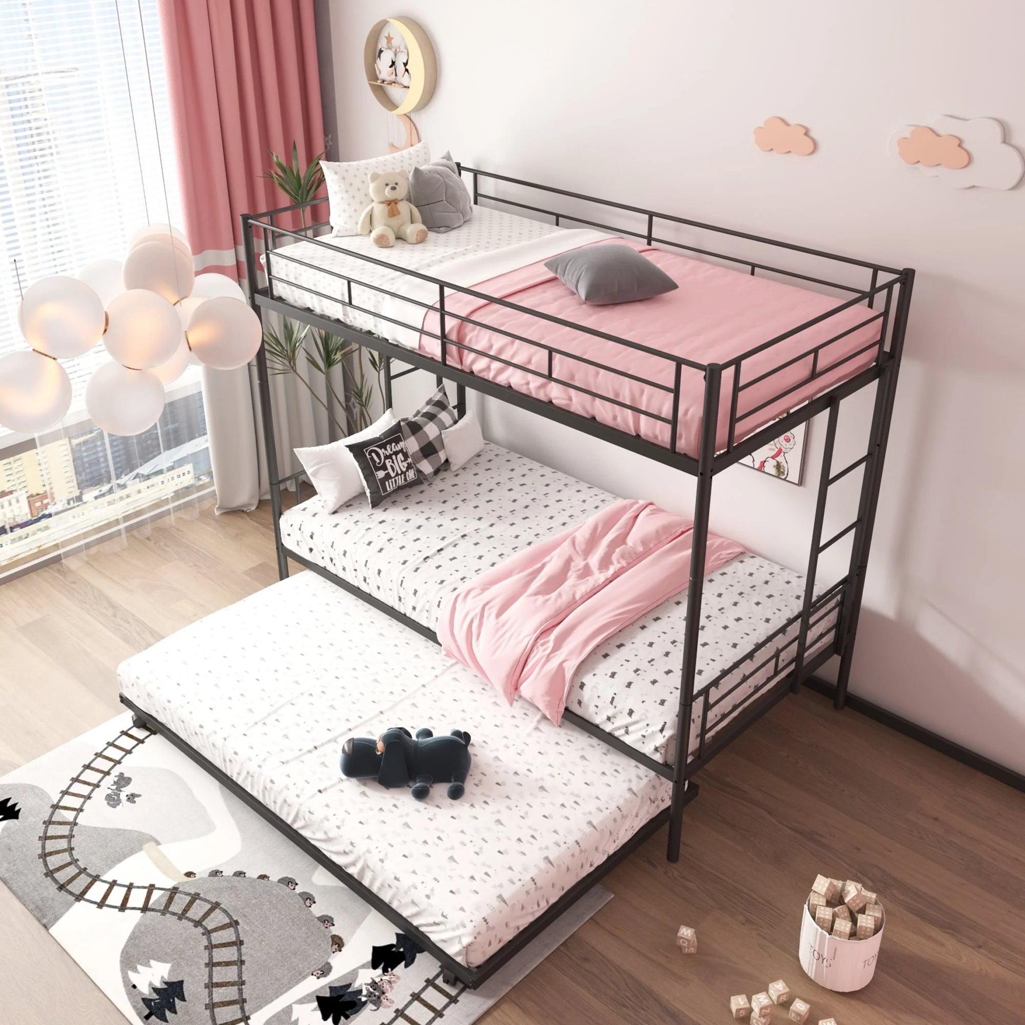 Twin Over Twin Bunk Bed with Trundle, Metal Twin Bed with Safety Guard Rail and Ladders, Space-Saving Design Sleeping Bedroom Bunk Bed for Boys, Girls, Kids, Young Teens and Adults, Easy Assembly, K92