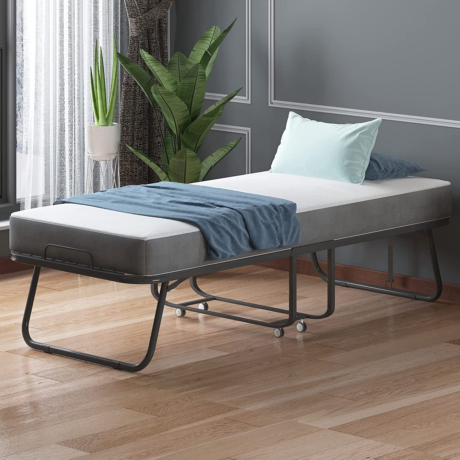 ZAFLY Folding Bed with 4 Inch Mattress, Rollaway Folding Guest Bed Fold Up Bed with Lockable Wheels, Space Saving Foldable Bed Portable Bed, Rollaway Bed with Folding Mattress
