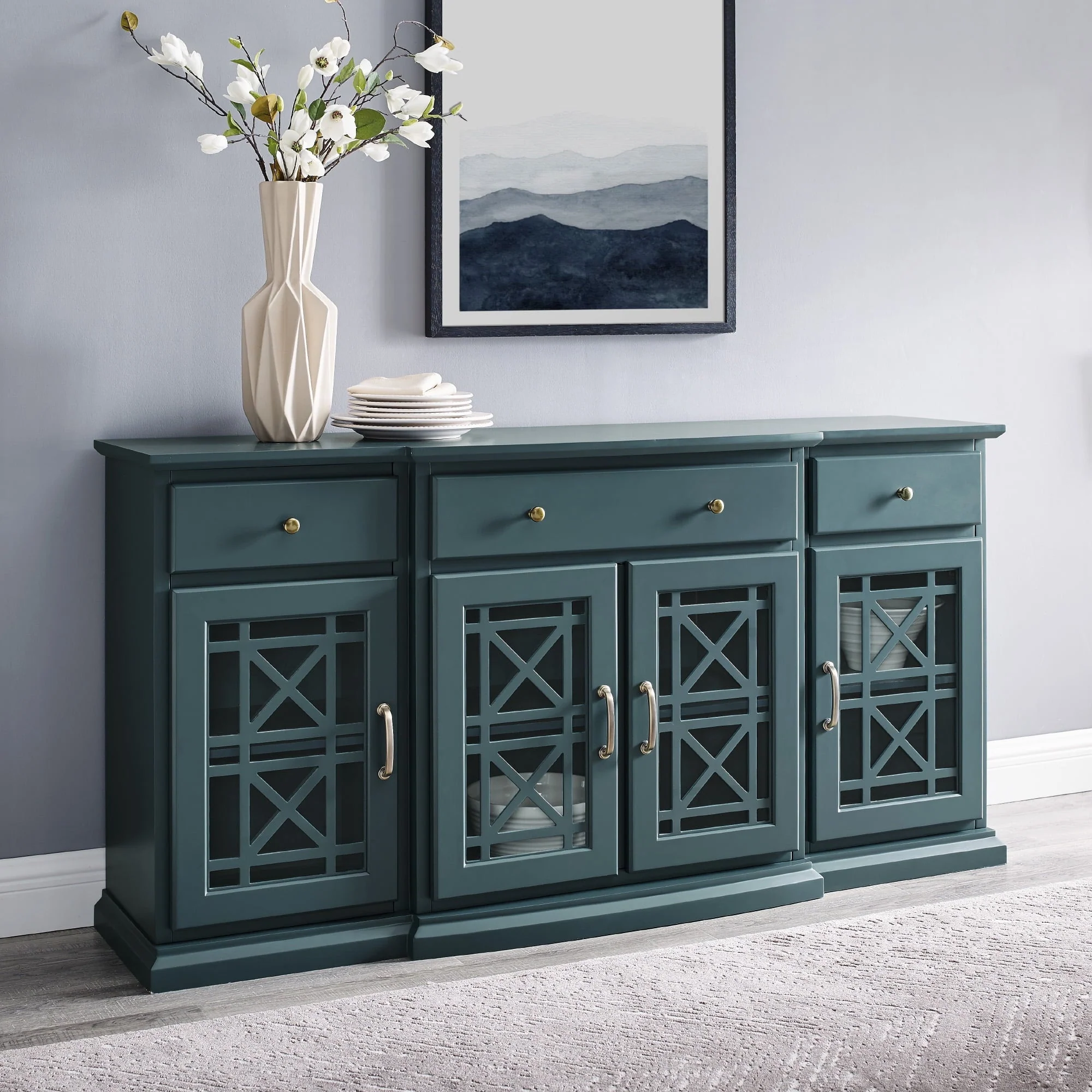 Walker Edison Classic Tiered-Front Trellis Glass Door Sideboard/TV Stand for TVs up to 65", Dark Teal