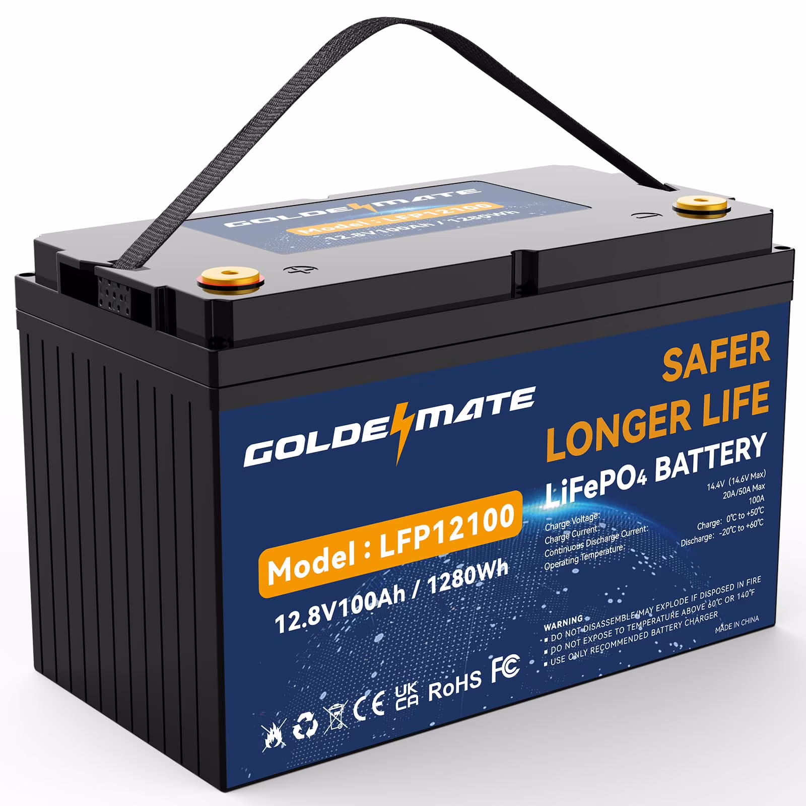 12V 100Ah LiFePO4 Lithium Battery, 100A BMS, 15000+ Deep Cycles, GOLDENMATE Battery for RV, Solar, Marine, Trolling Motor, Golf Carts, Backup Power