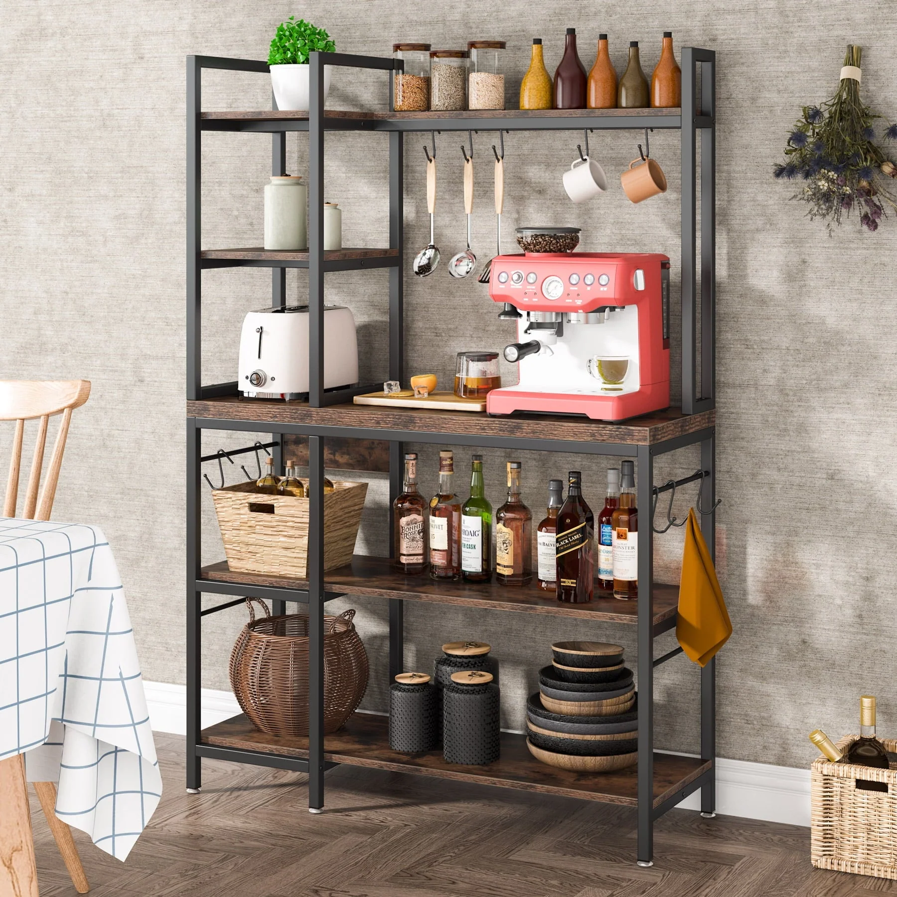 Tribesigns Bakers Rack with Hutch for Kitchen, 5 Tier Kitchen Utility Storage Shelf with 10 Hooks, Brown