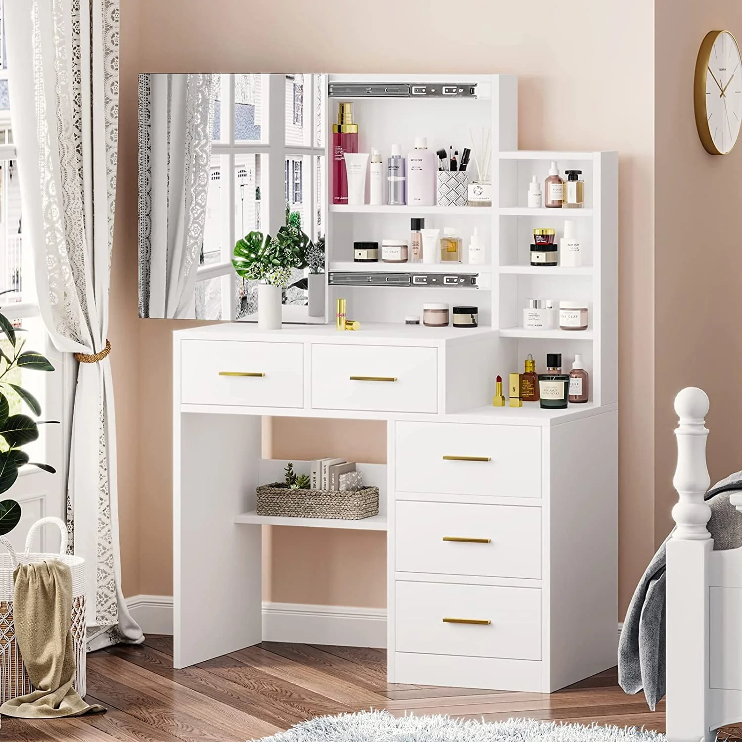 Makeup Vanity Table with Nightstand&Sliding Mirror, Modern Vanity Desk Dressing Table with 3-Drawer for Women Girls,White