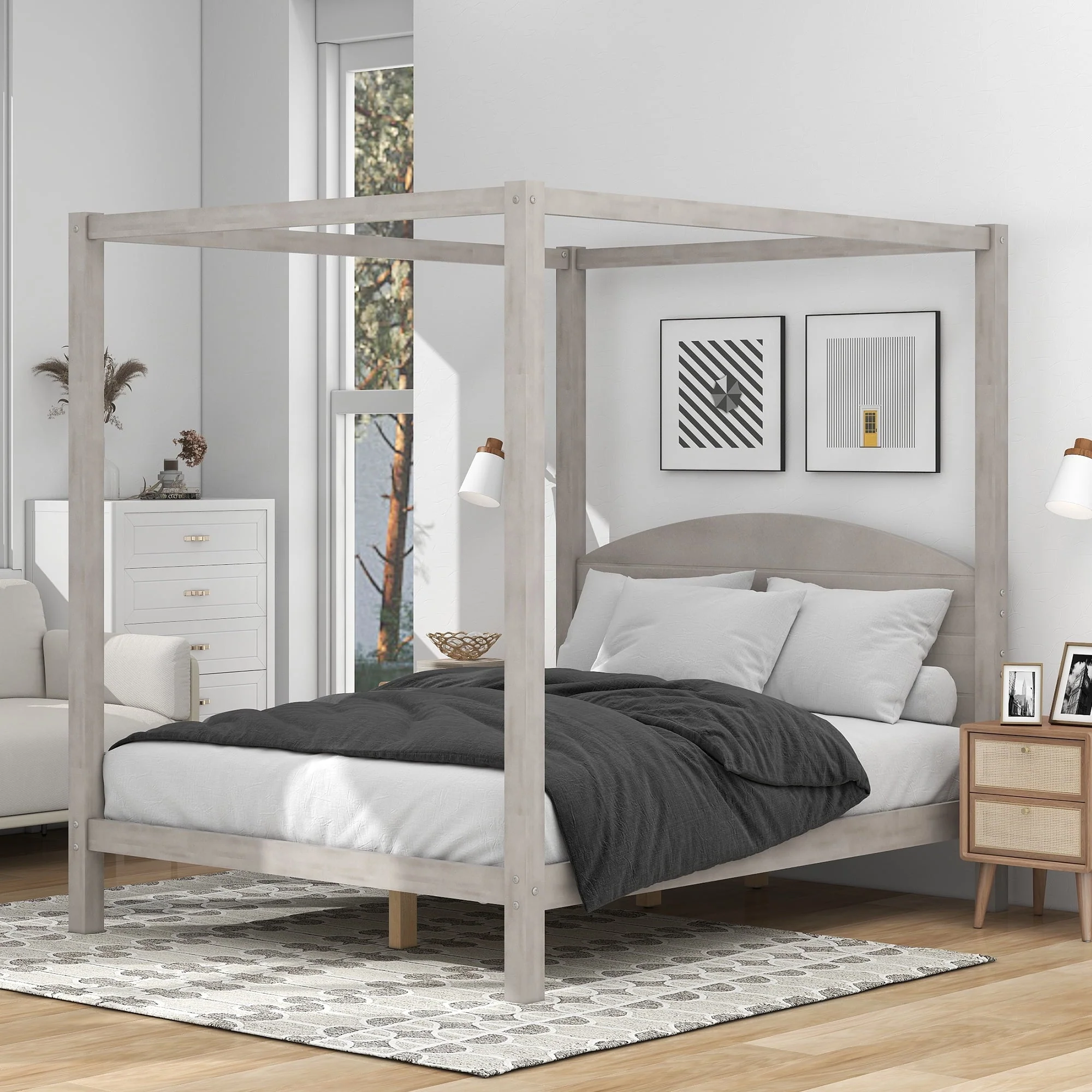 Queen Canopy Platform Bed with Built-in Headboard, Queen 4-Post Canopy Bed Frame with Center Legs and Under-bed Storage Space, Strong Wood Slats Support, Noiae Free, No Box Spring Needed, Grey Wash