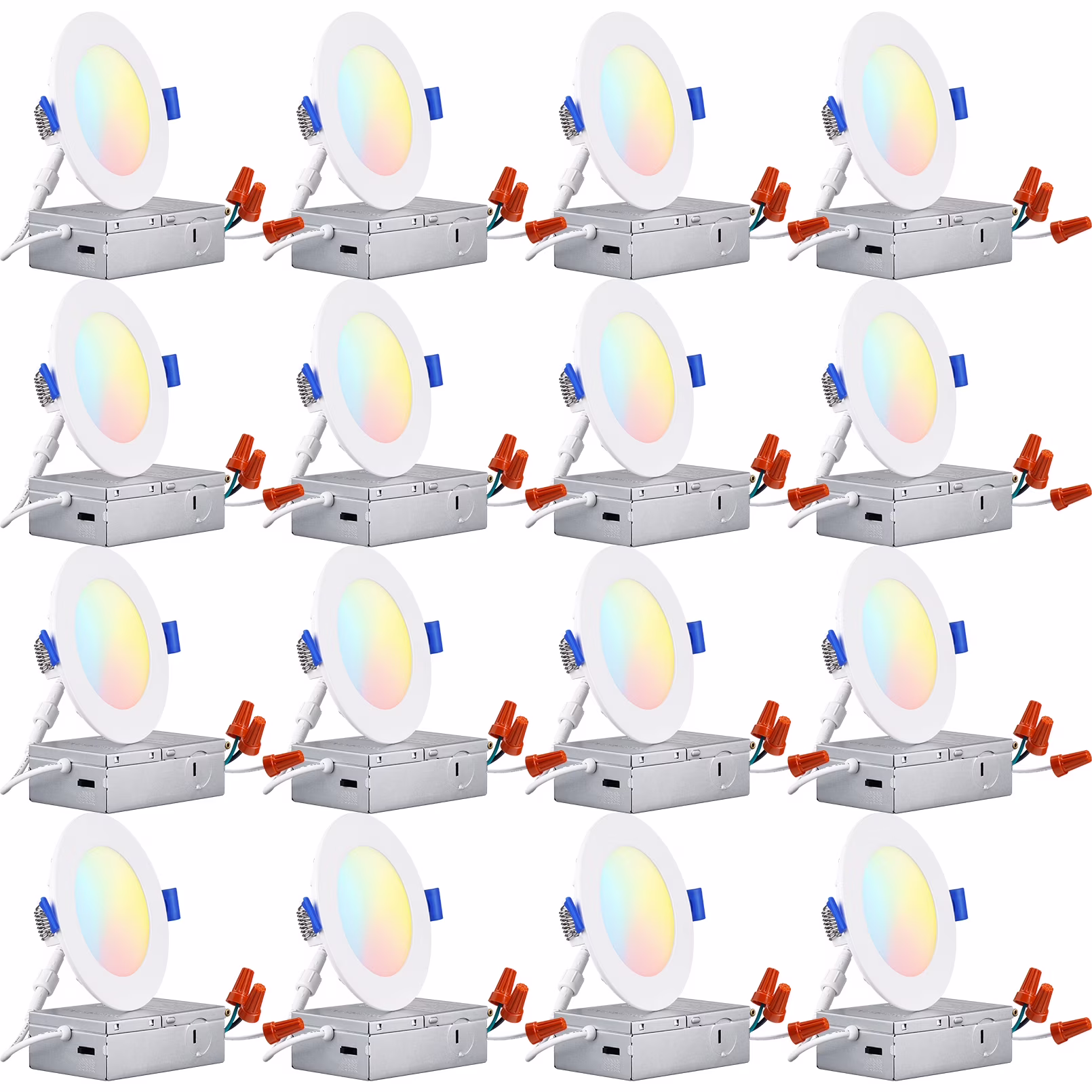 16 Pack 4" 5CCT Dimmable LED Recessed Light with J-Box, 2700K/3000K/3500K/4000K/5000K Selectable, 10W LED Downlight, Aluminum